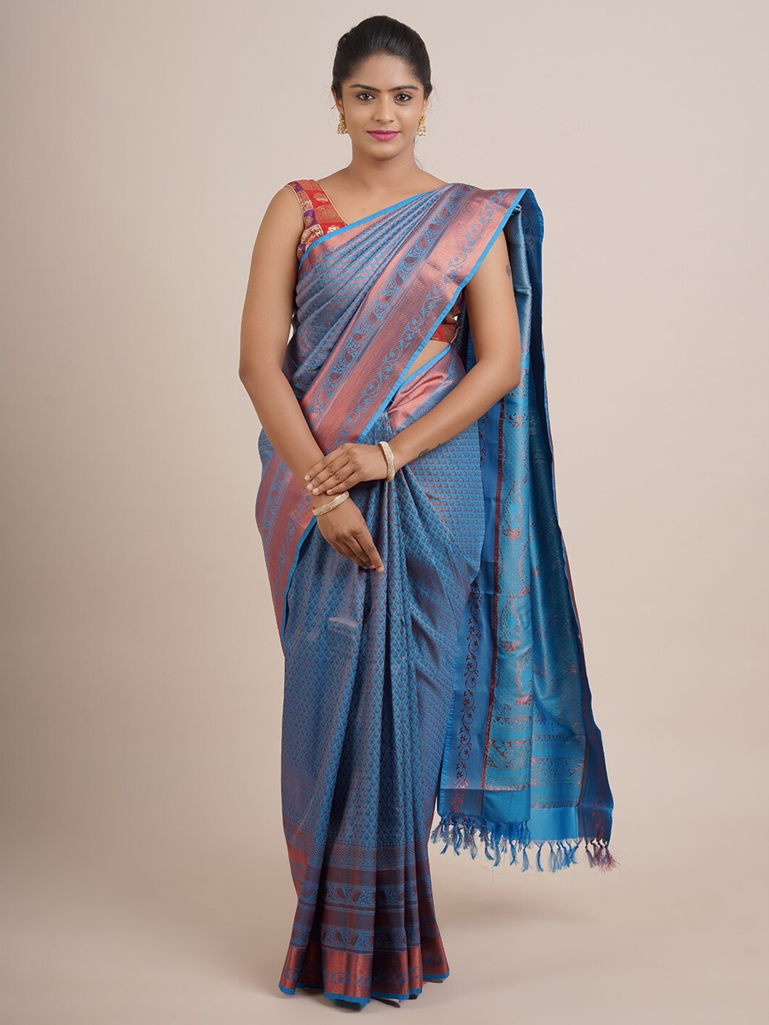 

Pothys Blue & Copper-Toned Floral Zari Pure Silk Saree