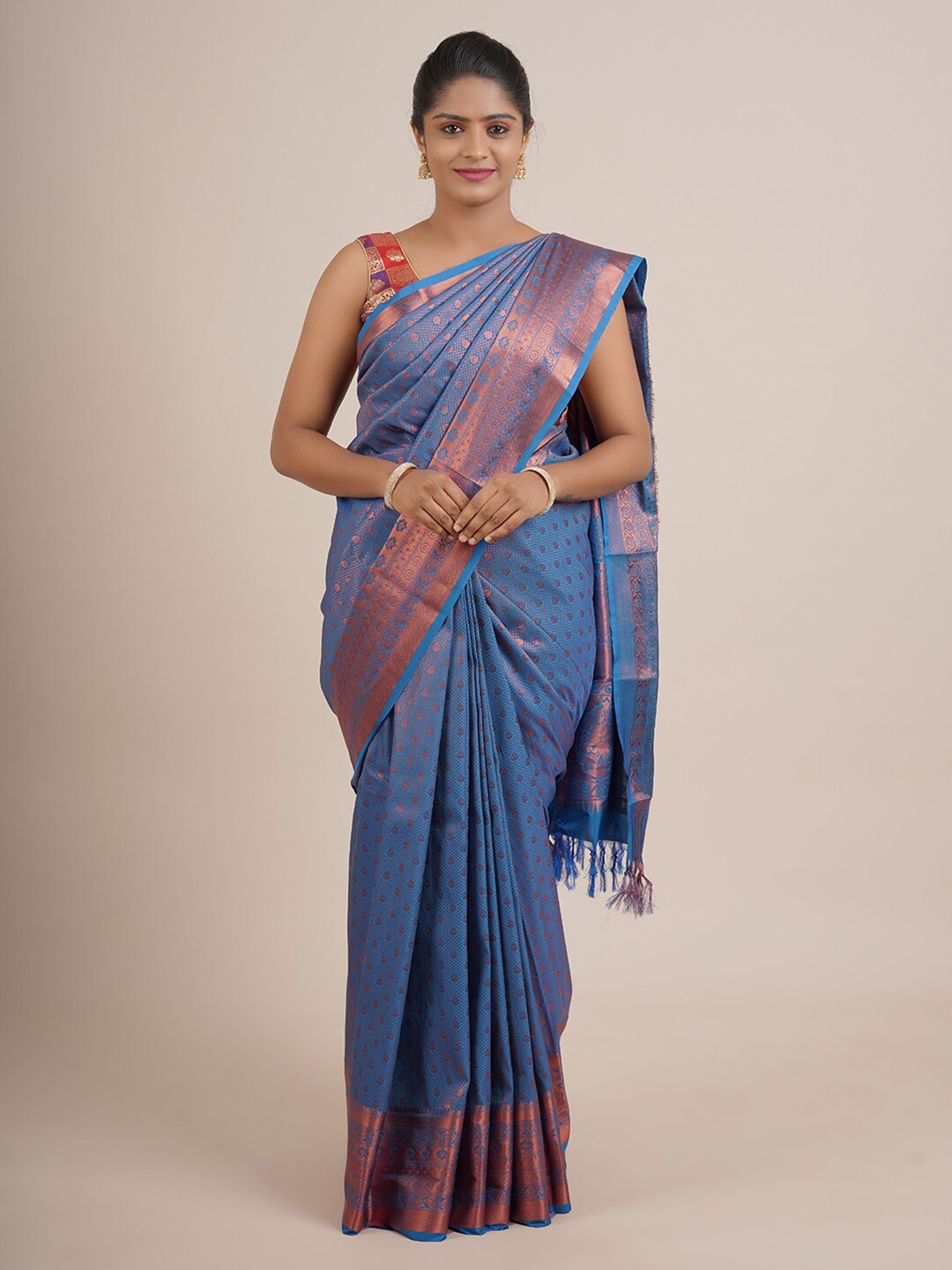 

Pothys Blue & Copper-Toned Woven Design Pure Silk Saree