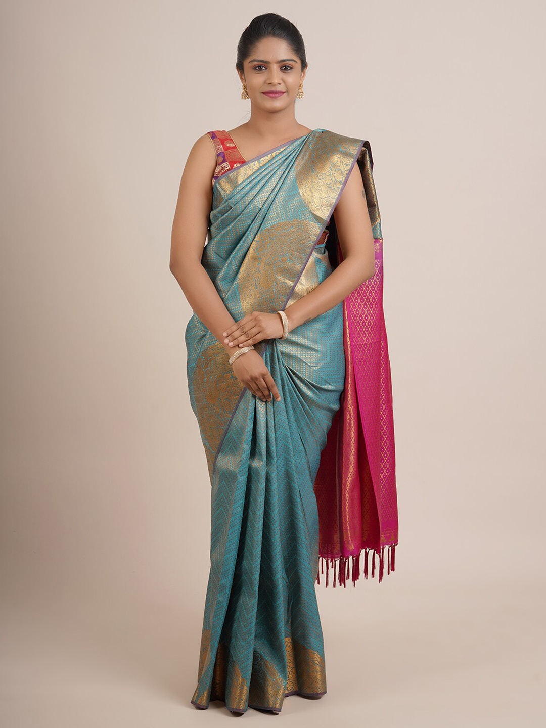

Pothys Turquoise Blue & Golden Ethnic Motifs Zari Pure Silk Saree