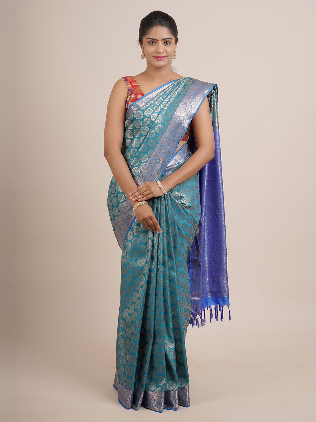 

Pothys Turquoise Blue & Golden Ethnic Motifs Pure Silk Saree