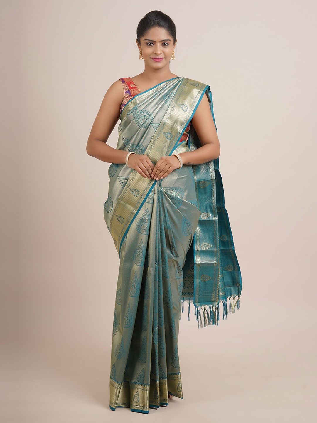 

Pothys Sea Green & Golden Ethnic Motifs Zari Pure Silk Saree