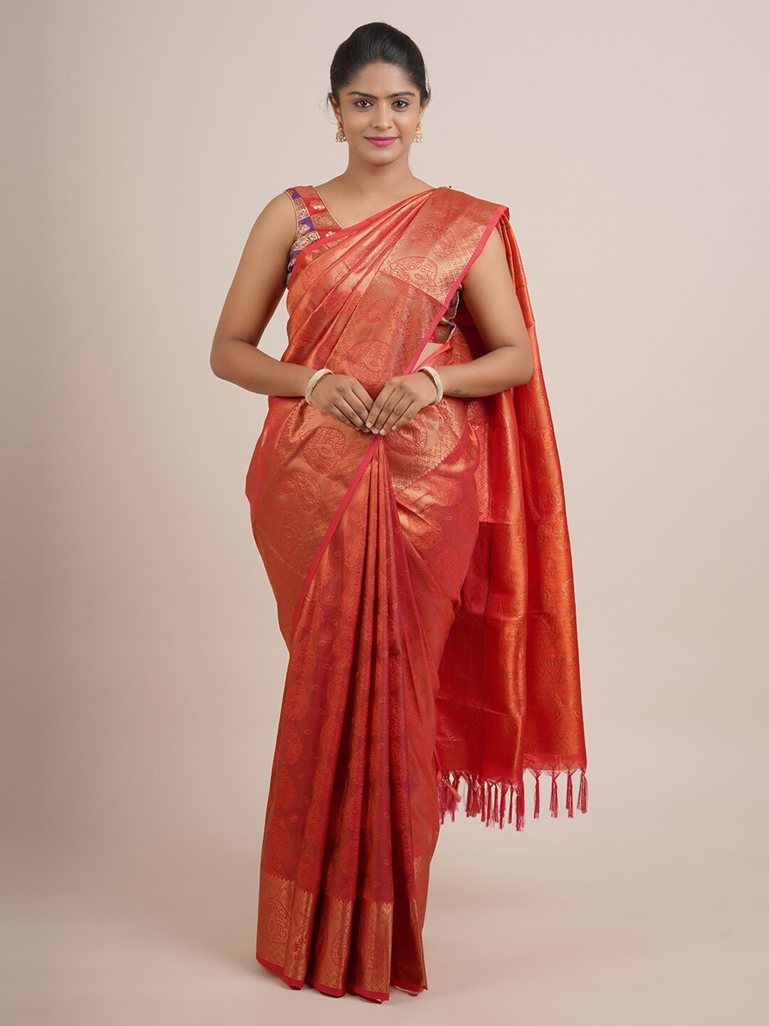 

Pothys Red & Gold-Toned Ethnic Motifs Pure Silk Saree