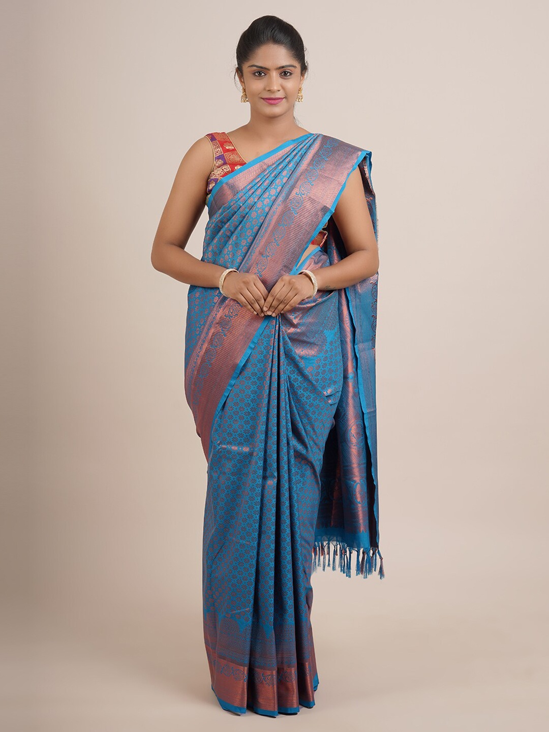 

Pothys Blue & Gold-Toned Woven Design Zari Pure Silk Saree
