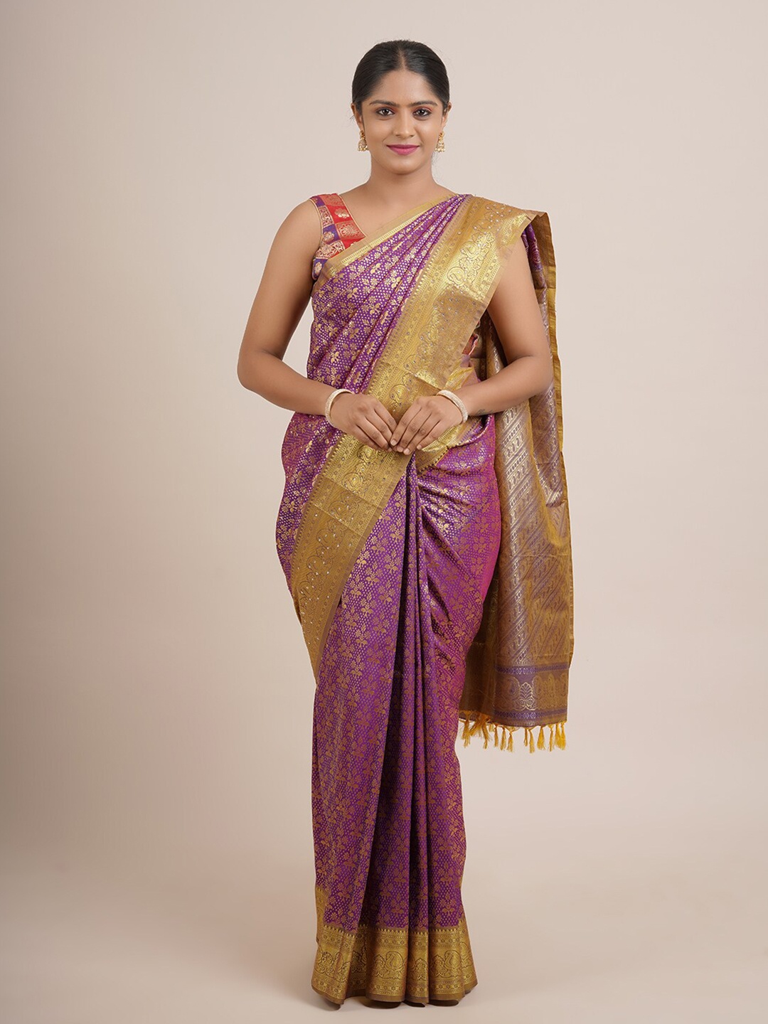 

Pothys Purple & Golden Floral Zari Pure Silk Saree