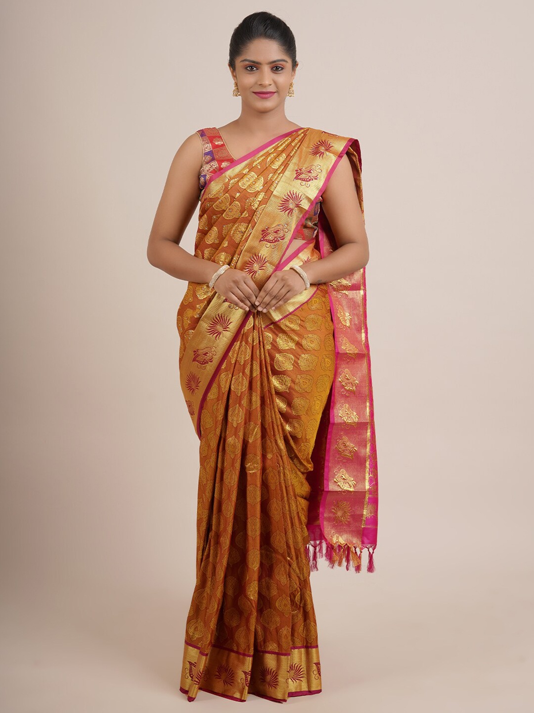 

Pothys Gold-Toned & Blue Woven Design Zari Pure Silk Saree