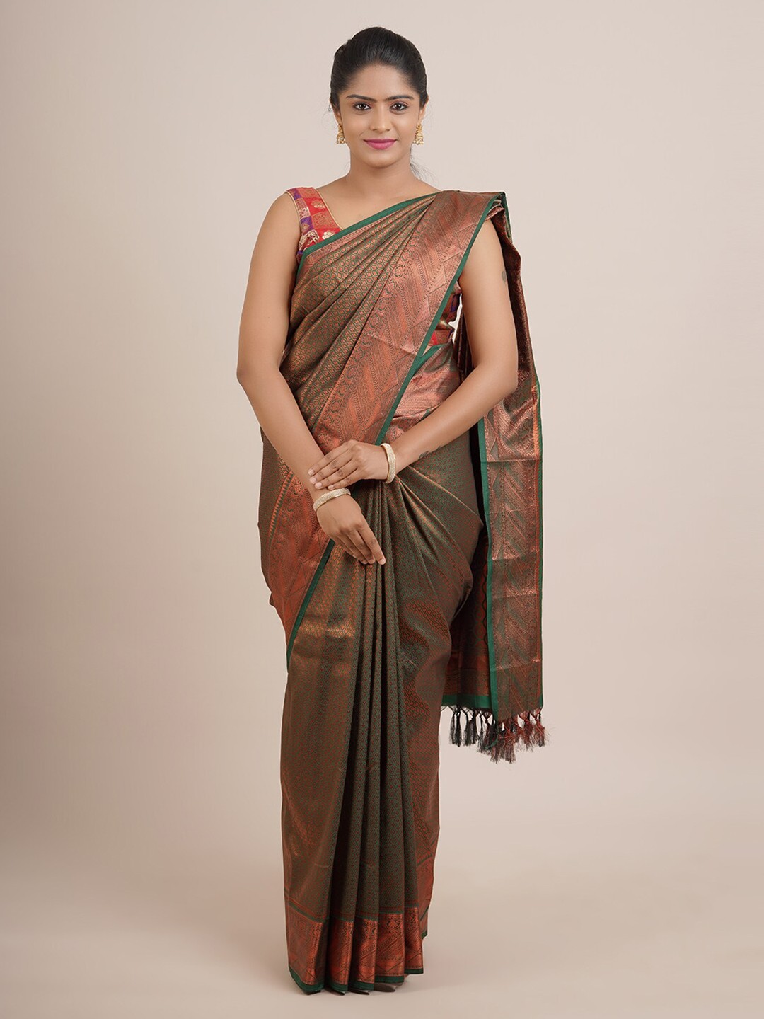 

Pothys Green & Copper-Toned Woven Design Zari Pure Silk Saree