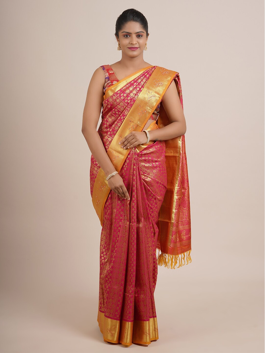 

Pothys Magenta & Yellow Ethnic Motifs Zari Pure Silk Saree