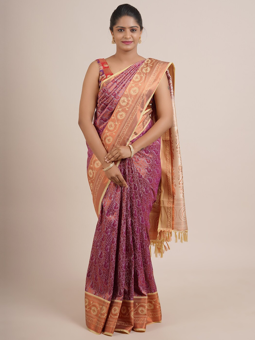 

Pothys Mauve & Cream-Coloured Woven Design Zari Pure Silk Saree