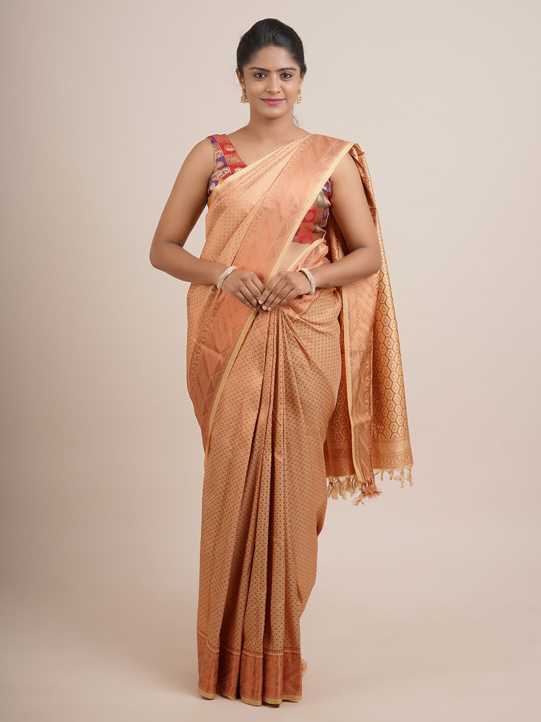 

Pothys Cream-Coloured & Golden Ethnic Motifs Pure Silk Saree