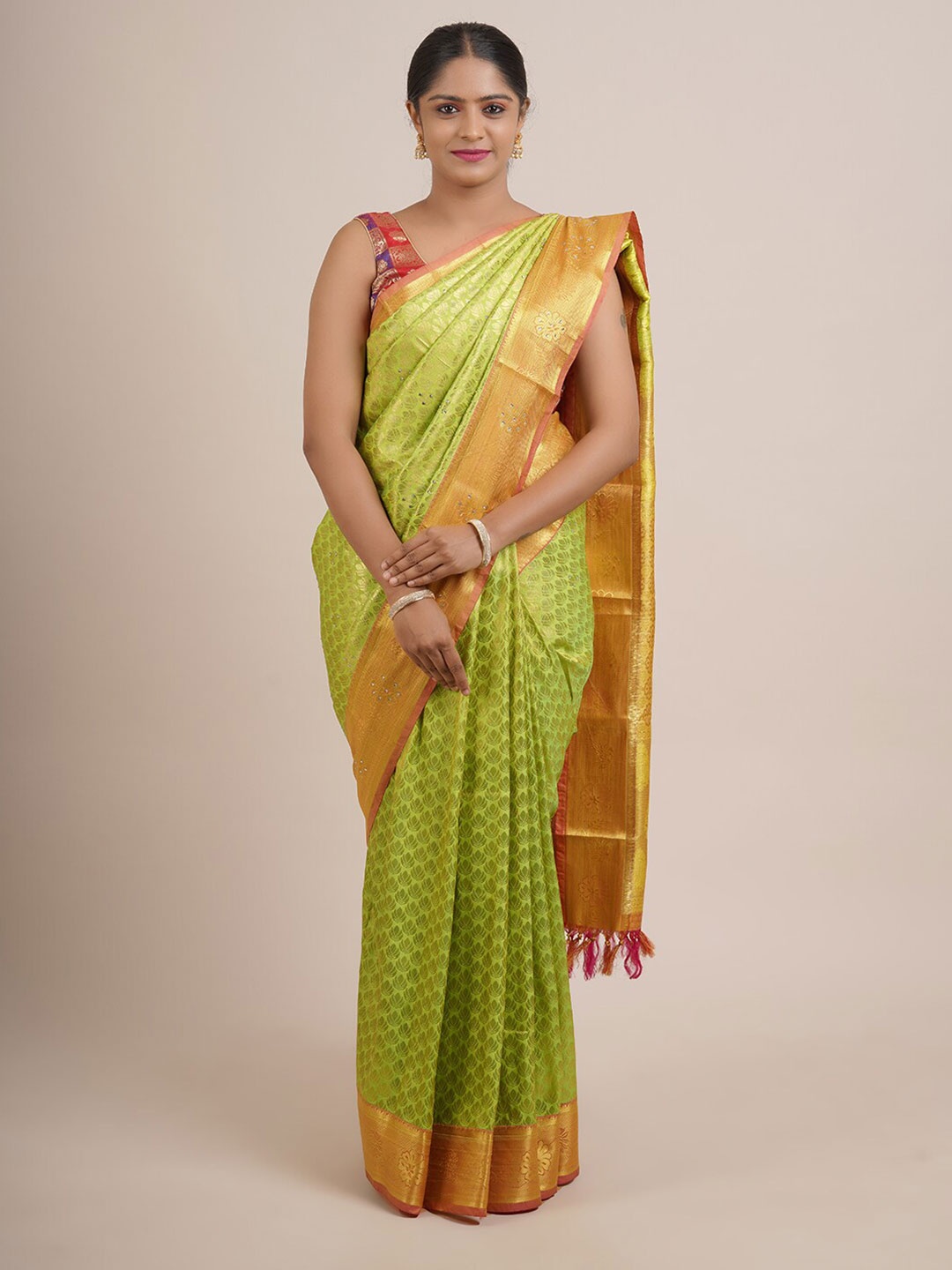 

Pothys Green & Golden Ethnic Motifs Beads and Stones Pure Silk Saree