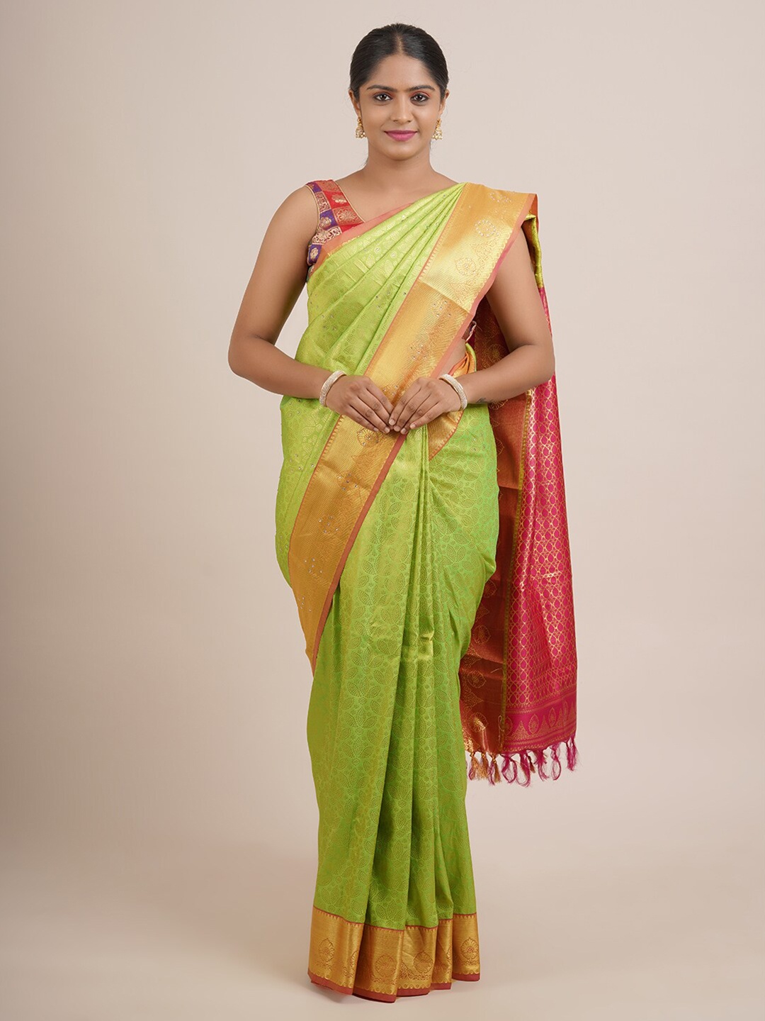 

Pothys Green & Magenta Ethnic Motifs Zari Pure Silk Saree