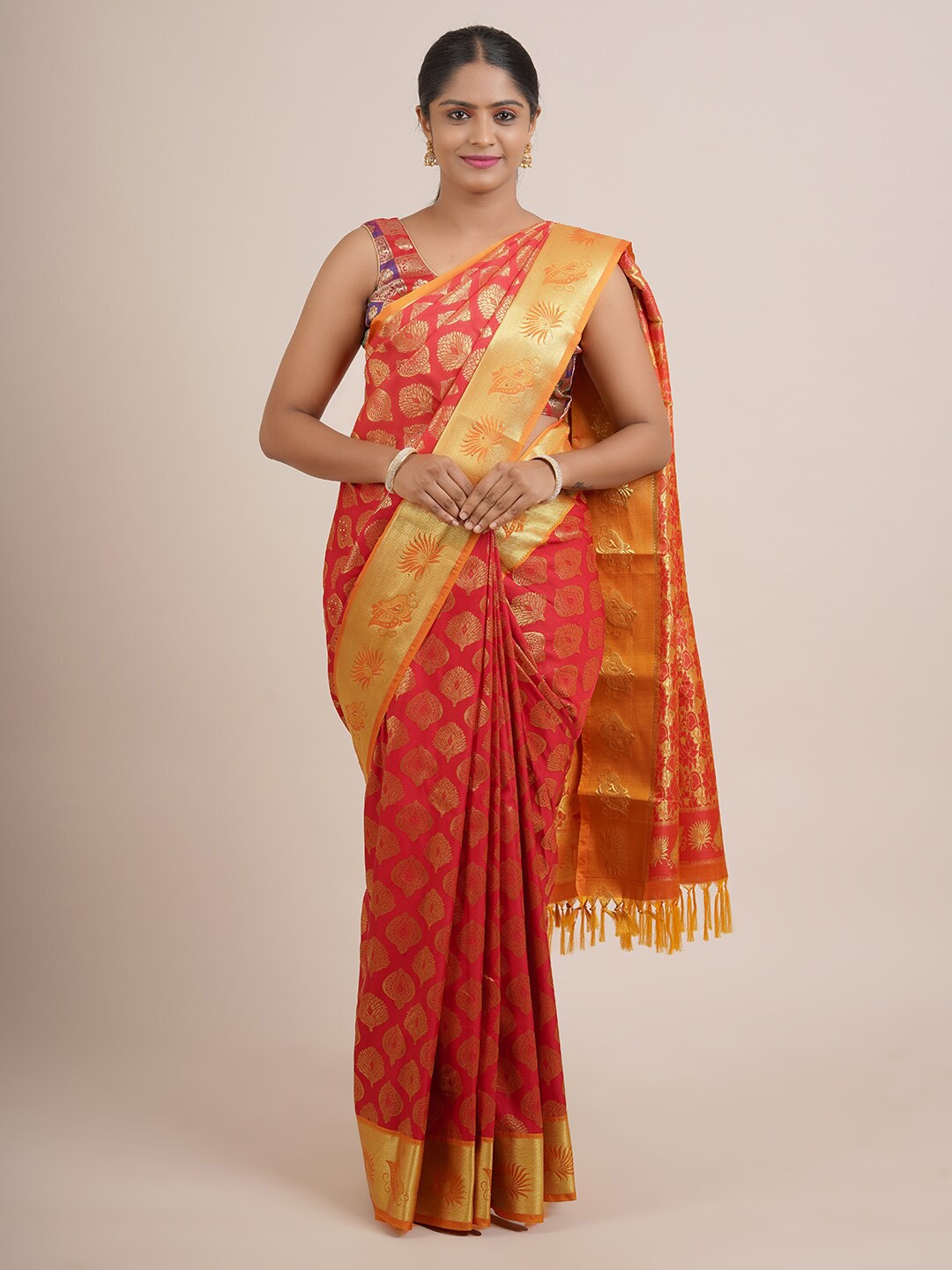 

Pothys Red & Gold-Toned Woven Design Beads and Stones Pure Silk Saree