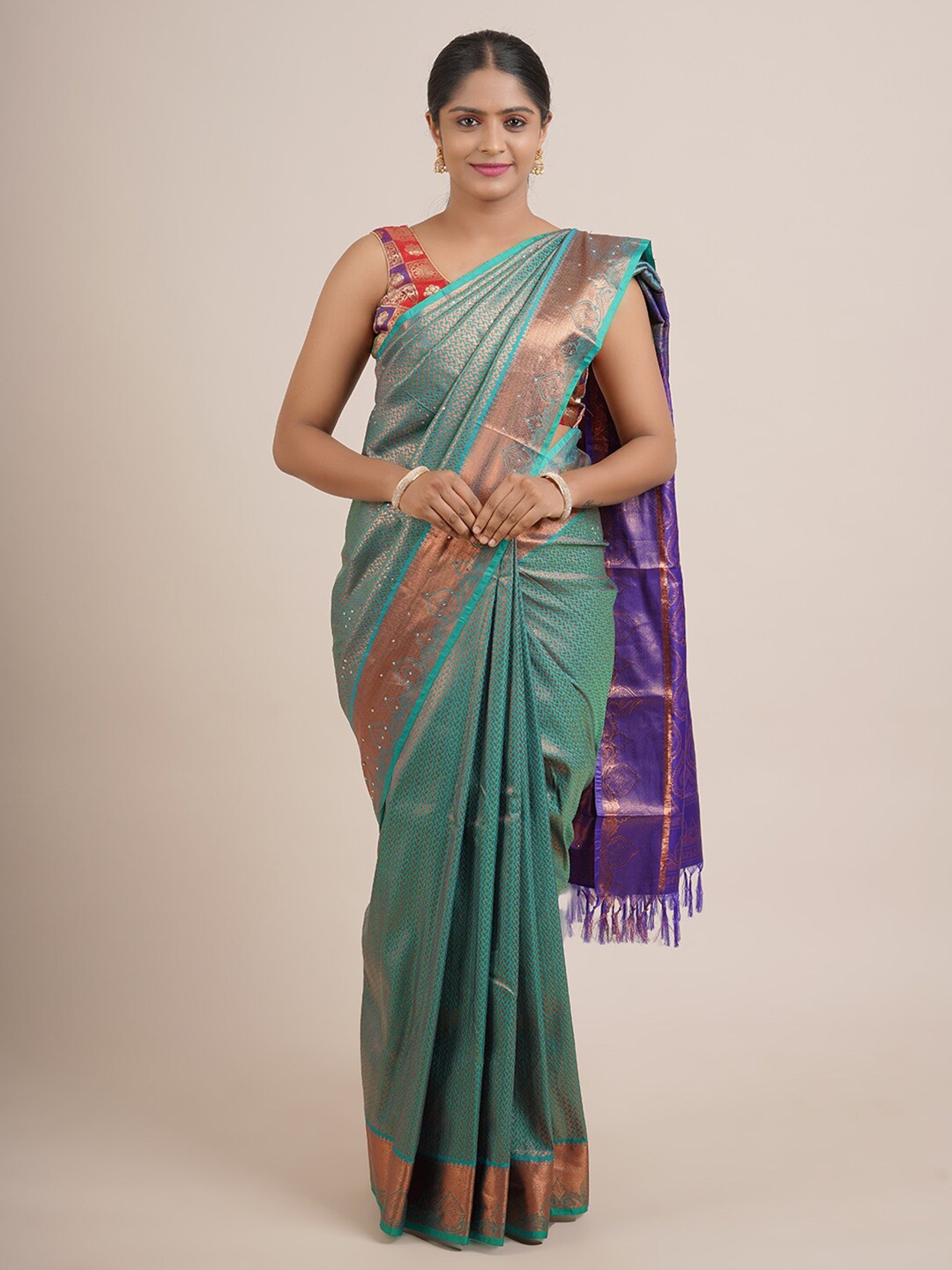 

Pothys Green & Violet Woven Design Beads and Stones Pure Silk Saree