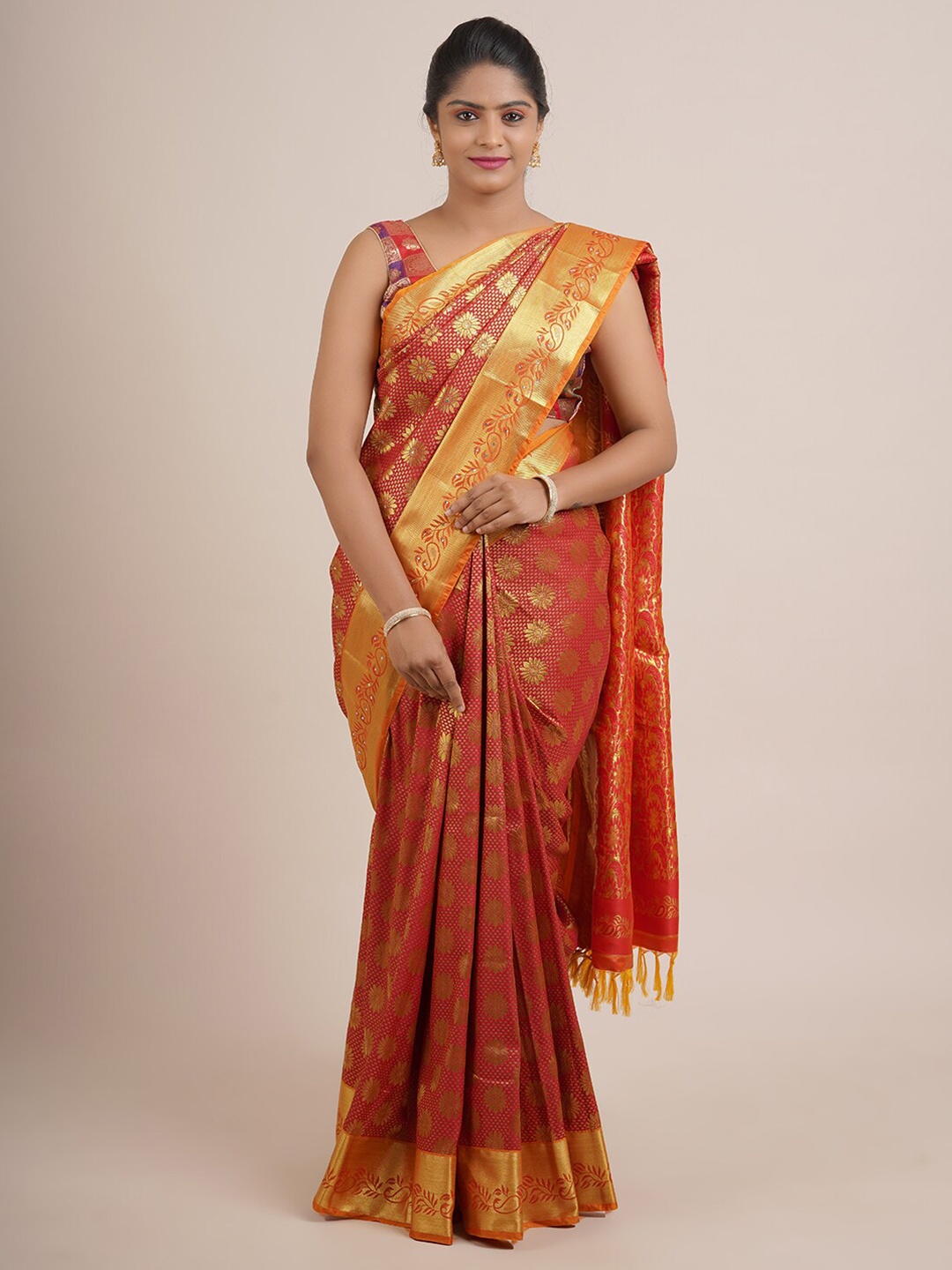 

Pothys Red & Golden Ethnic Motifs Beads and Stones Pure Silk Saree