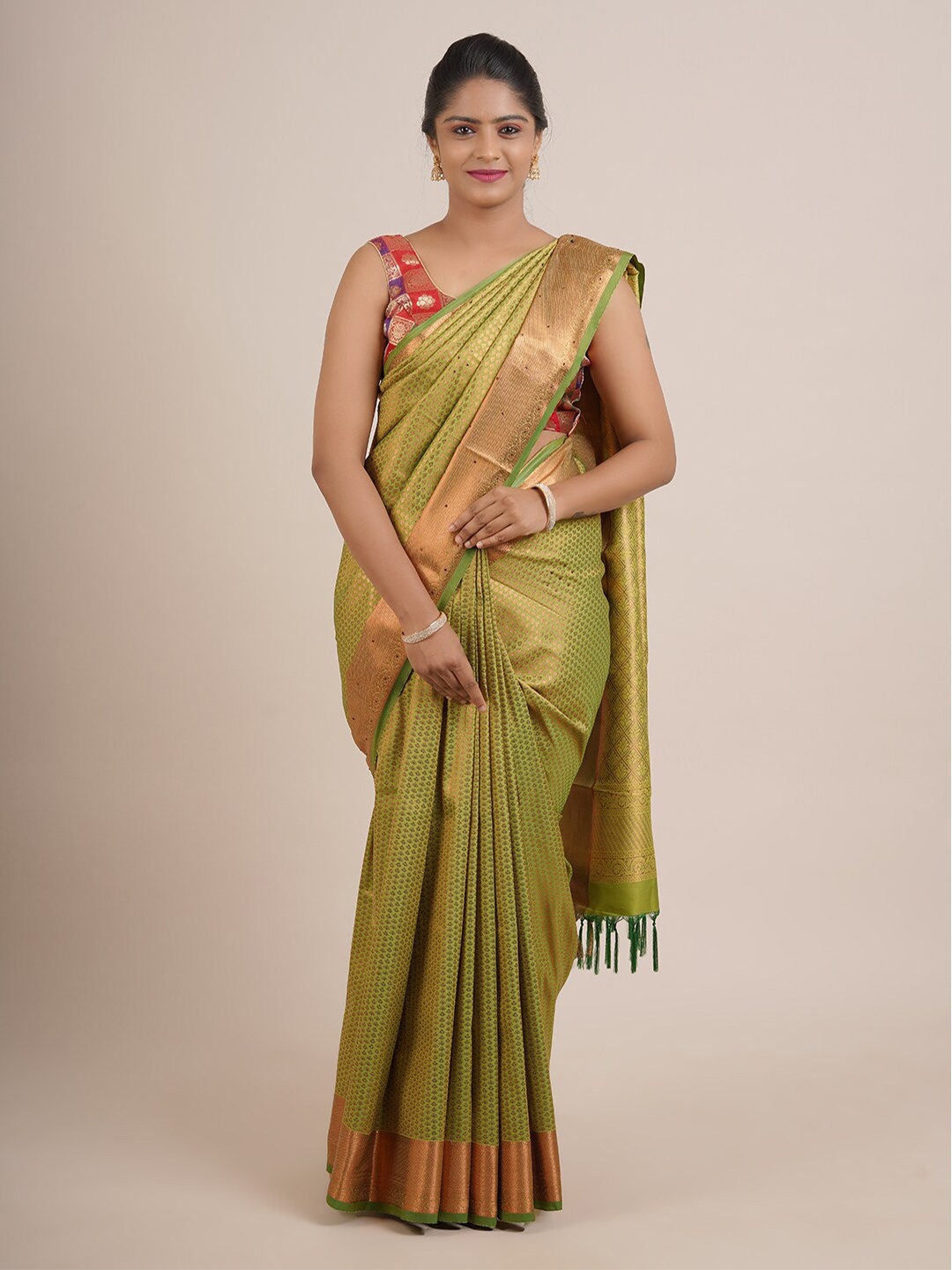 

Pothys Green & Gold-Toned Woven Design Zari Pure Silk Saree