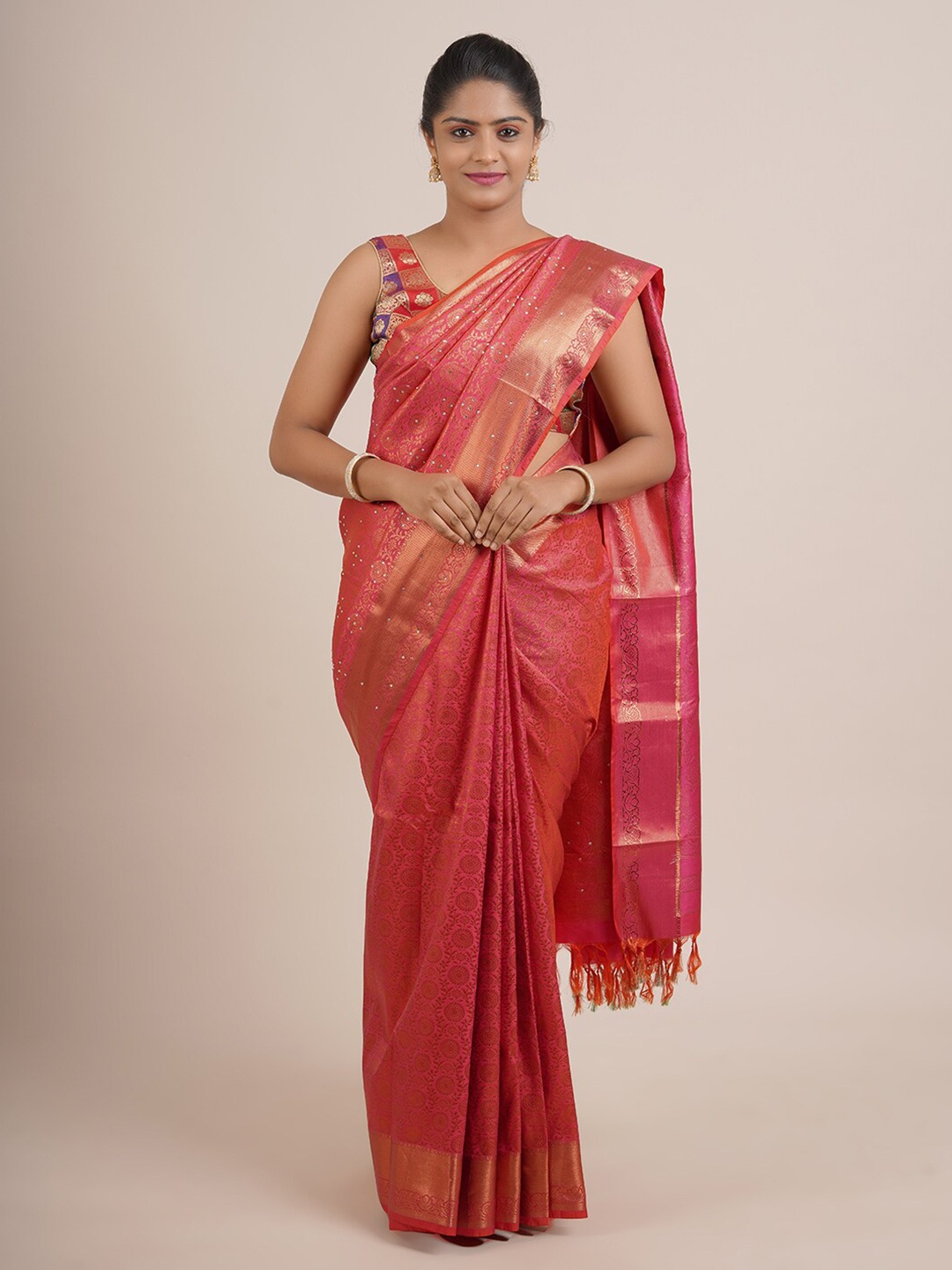 

Pothys Pink & Gold-Toned Woven Design Beads and Stones Pure Silk Saree
