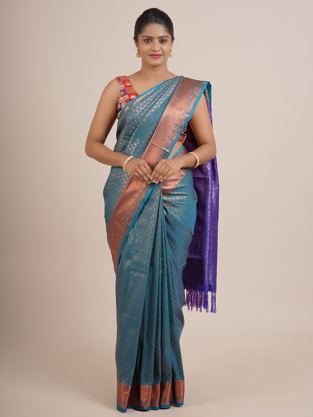 

Pothys Blue & Copper-Toned Woven Design Zari Pure Silk Saree