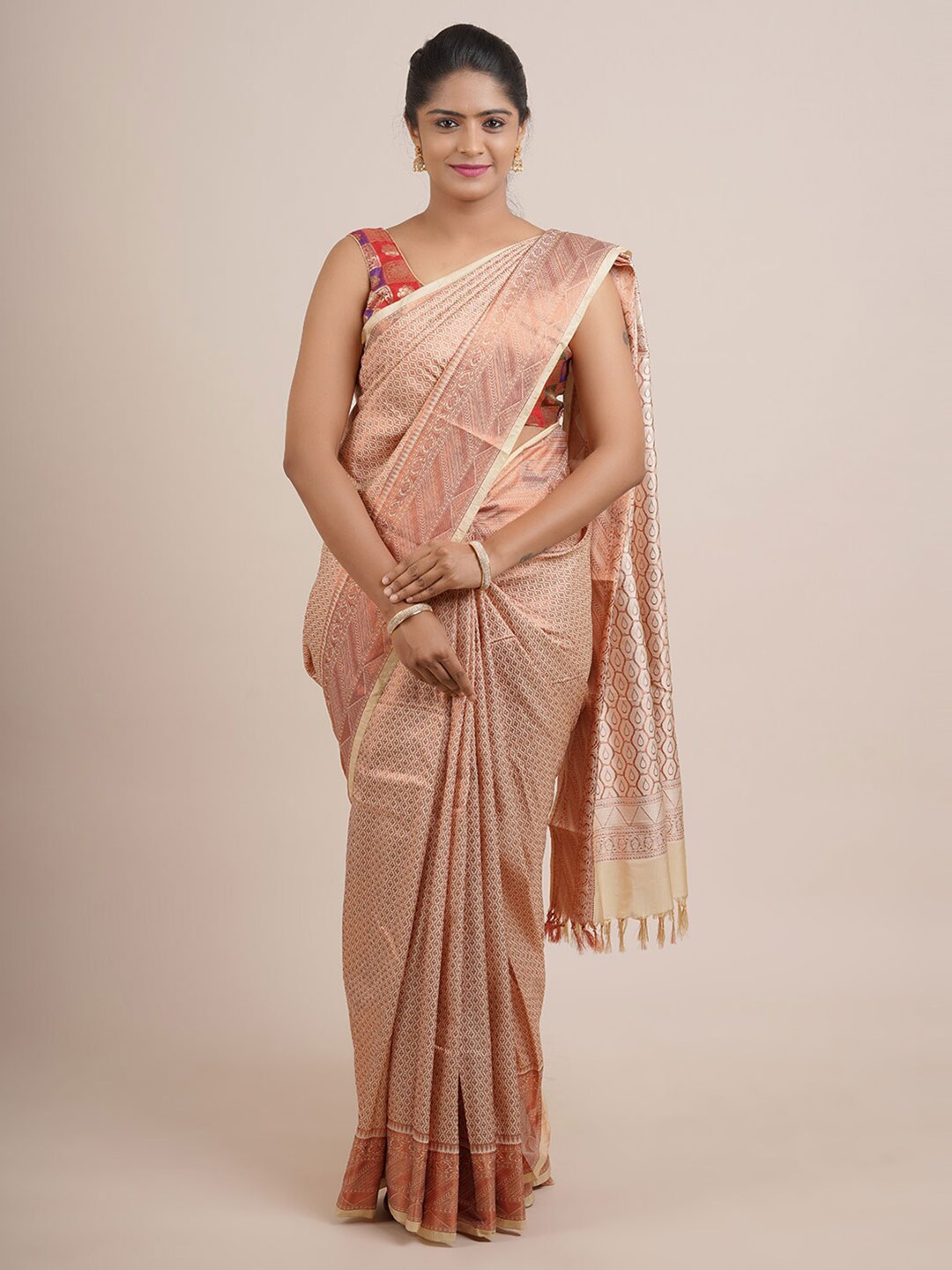 

Pothys Cream-Coloured & Copper-Toned Woven Design Zari Pure Silk Saree