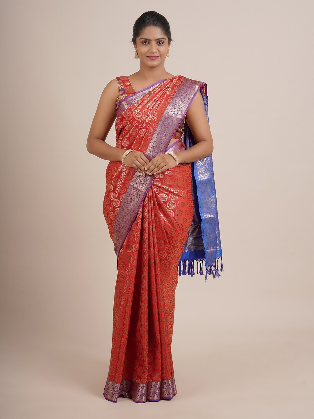

Pothys Red & Blue Woven Design Pure Silk Saree
