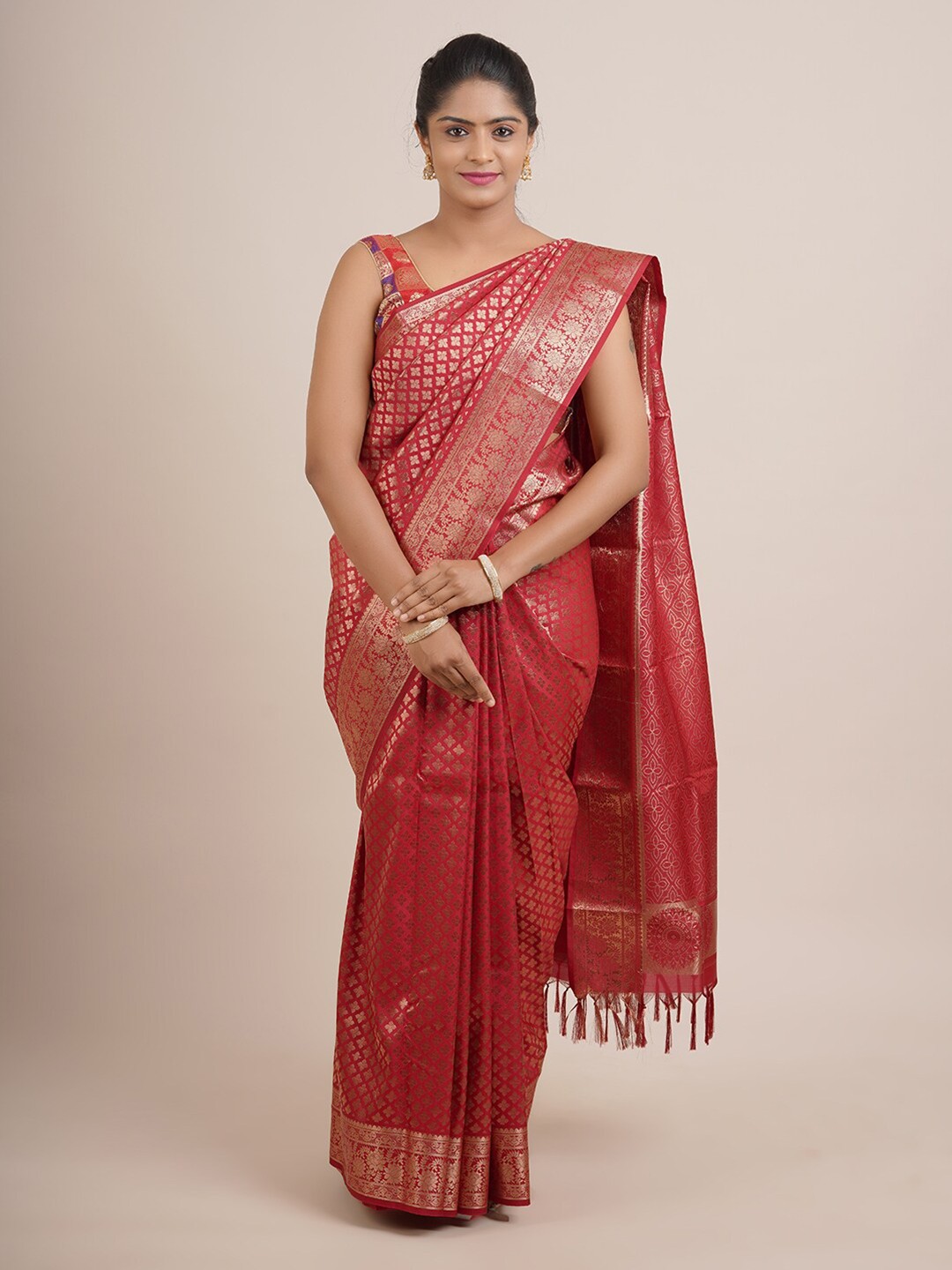 

Pothys Maroon & Gold-Toned Woven Design Zari Pure Silk Saree