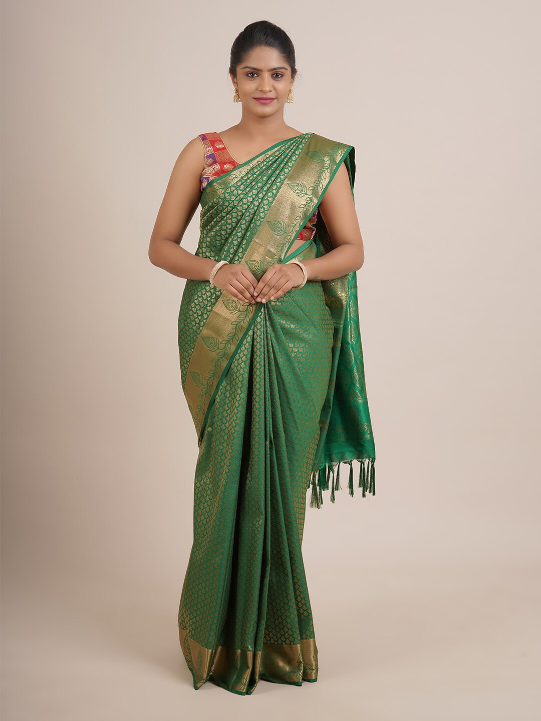

Pothys Green & Gold-Toned Ethnic Motifs Pure Silk Saree