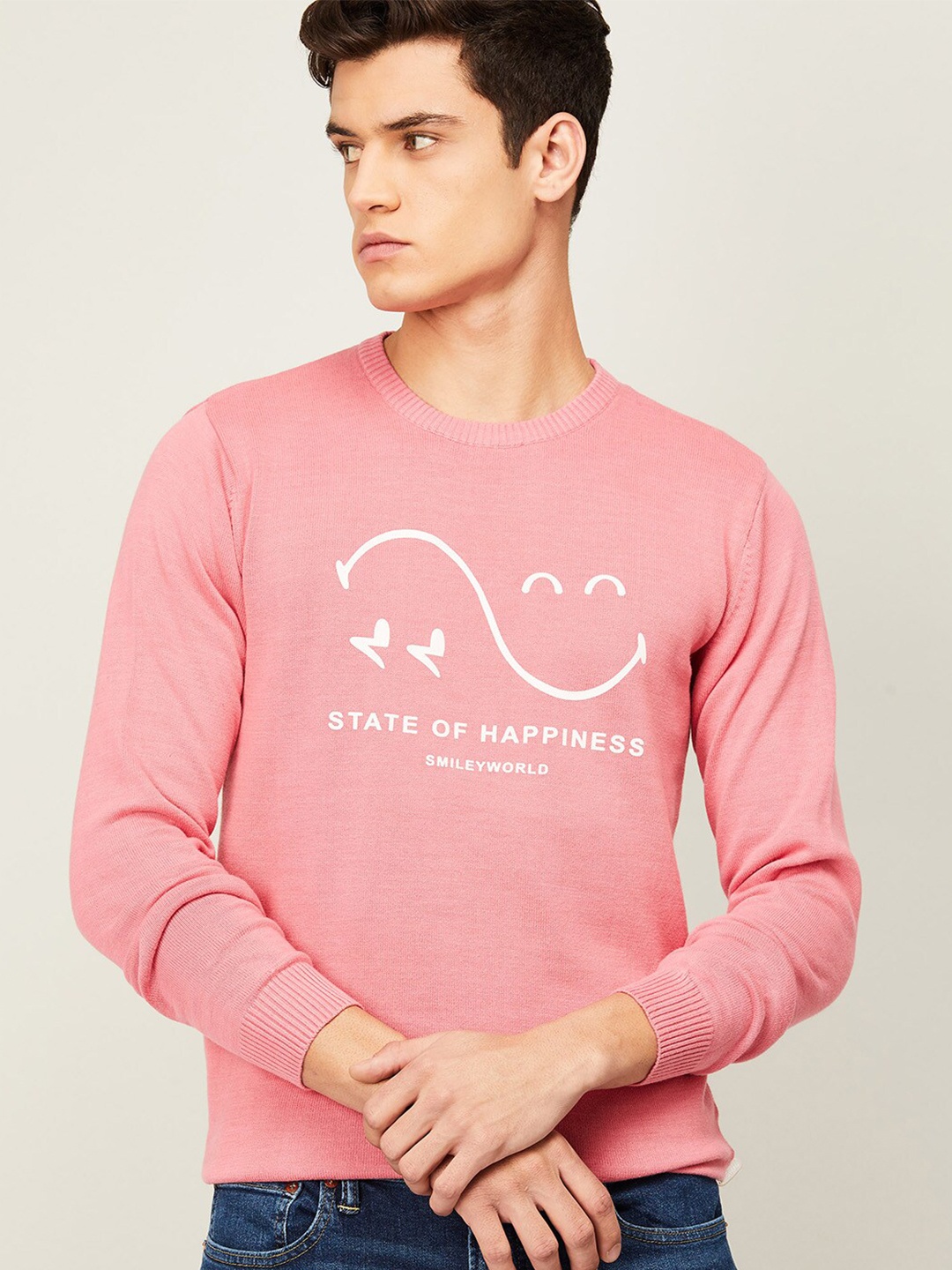 

SmileyWorld Men Pink Cotton Printed Ribbed Hem Pullover Sweatshirt