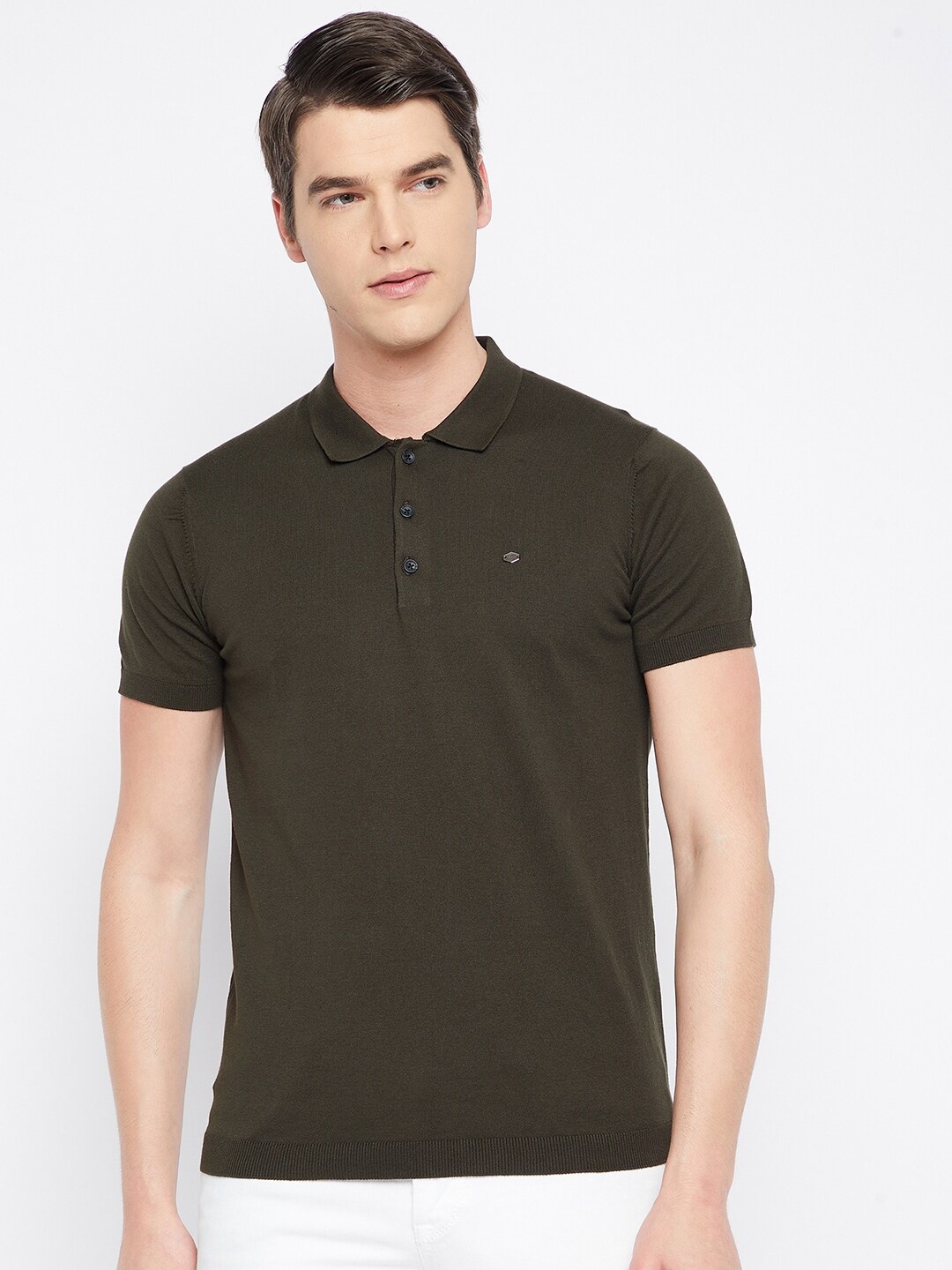 

Octave Men Olive Green Solid Cotton Polo Collar T-shirt