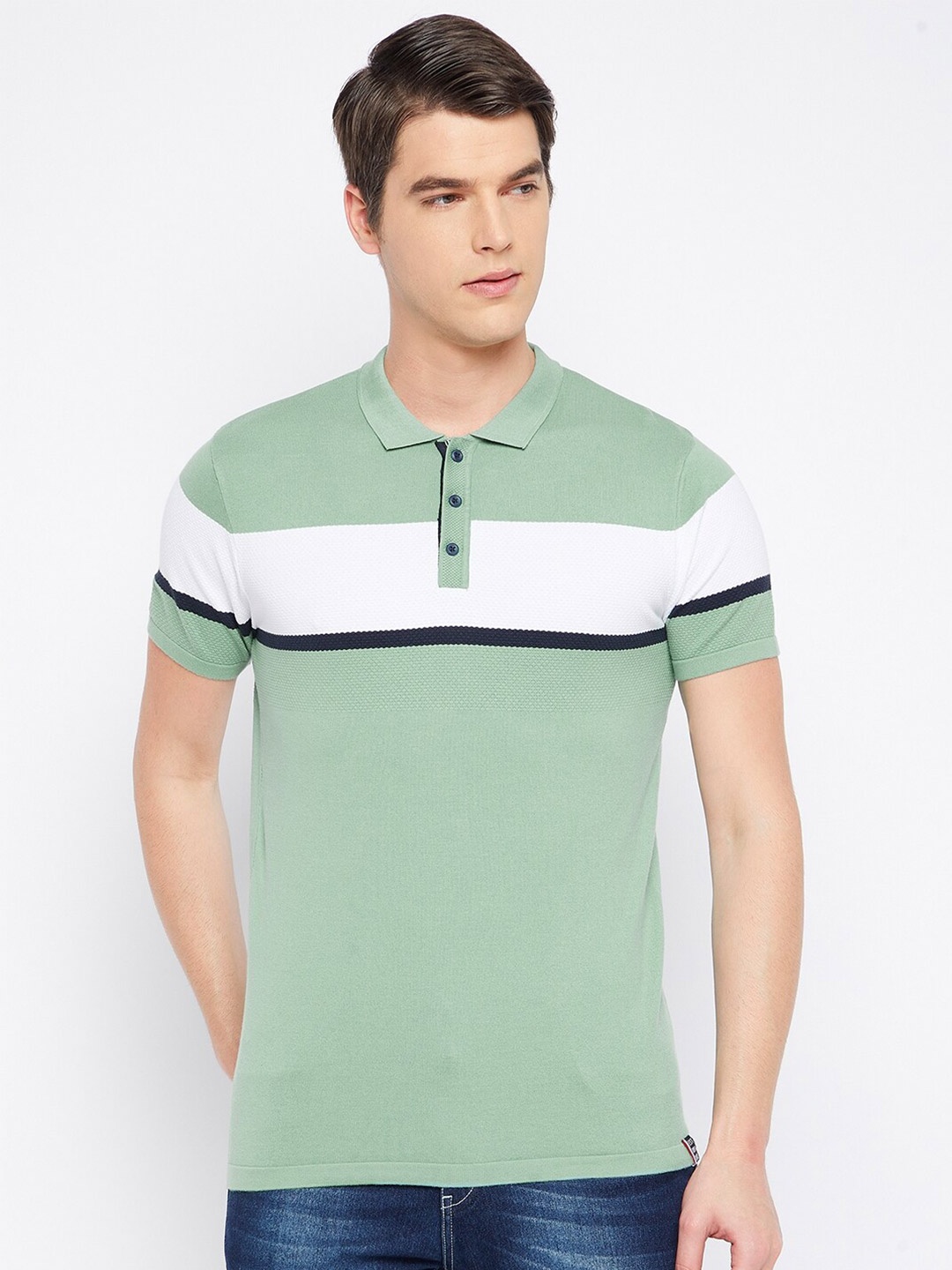 

Octave Men Green & White Solid Engineered Stripe Cotton Polo Collar T-shirt