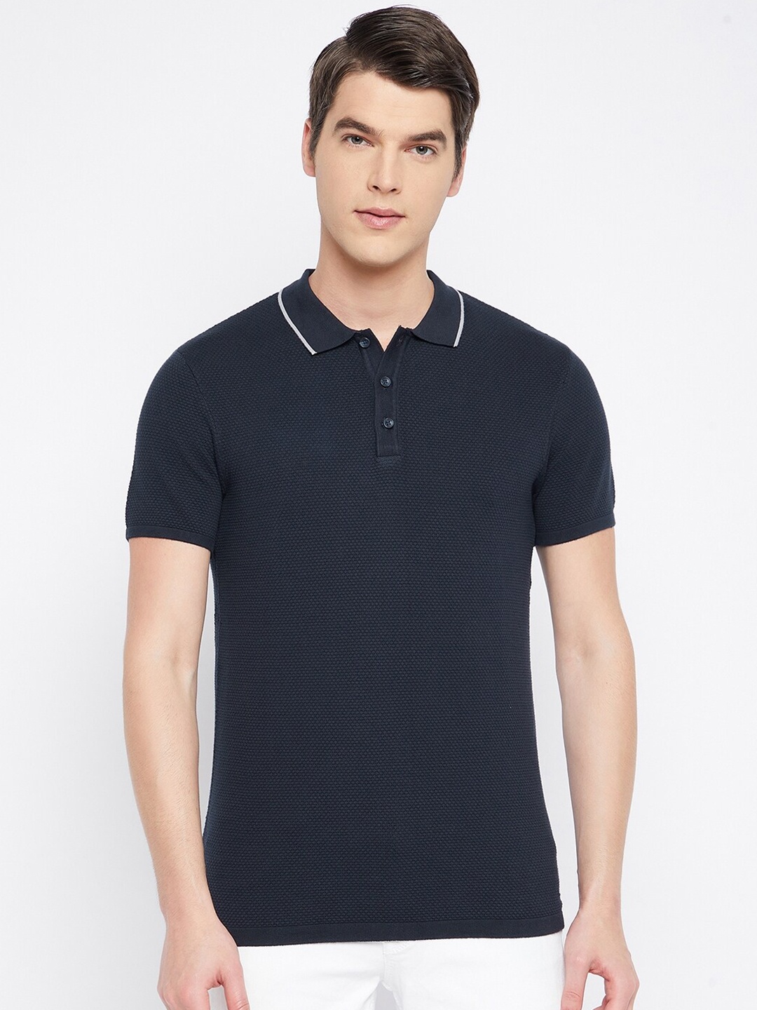 

Octave Men Navy Blue Polo Collar Cotton T-shirt