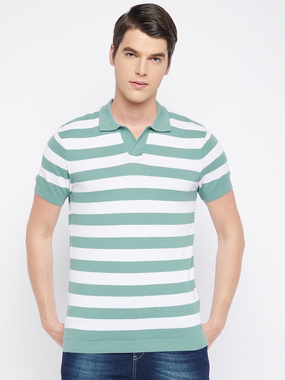 

Octave Men Sea Green Striped Polo Collar T-shirt