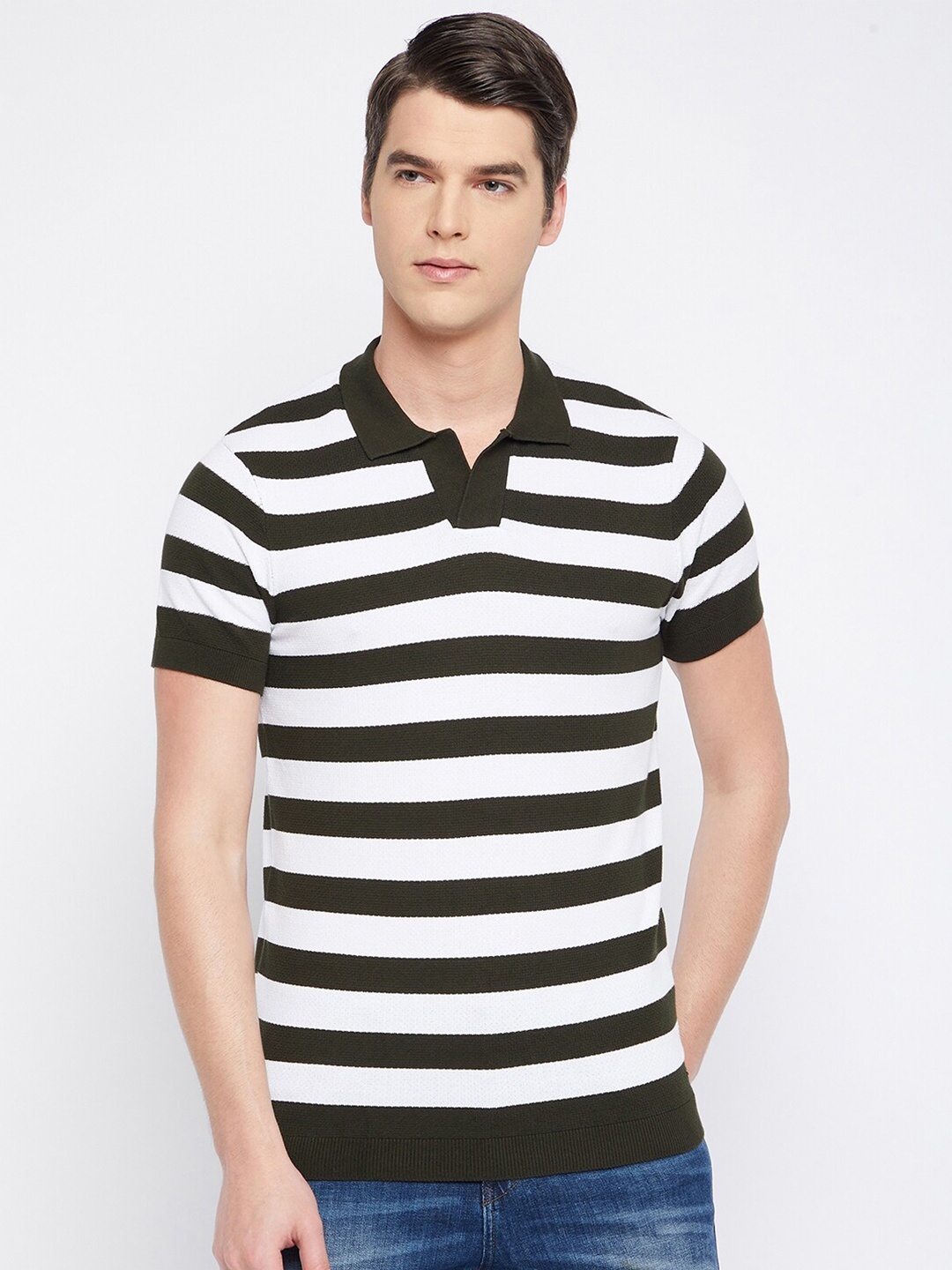 

Octave Men Olive Green & White Striped Polo Collar Cotton T-shirt