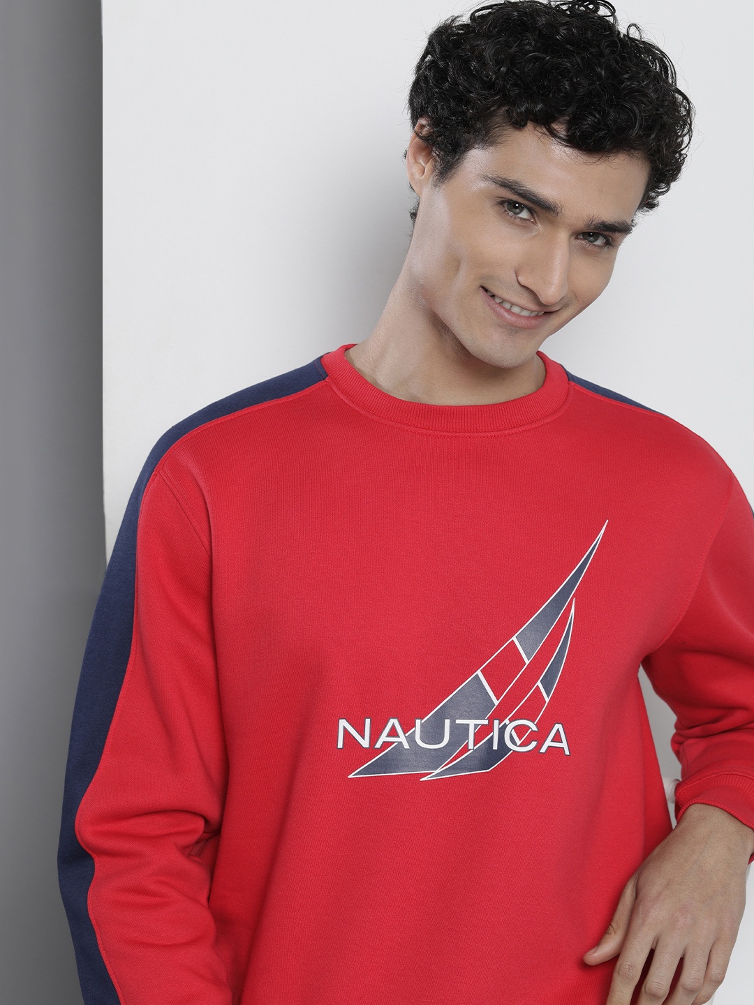 

Nautica Men Brand Logo Printed Round Neck Pullover Sweatshirt, Red