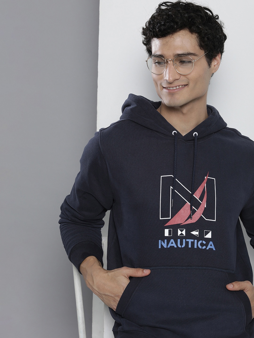 

Nautica Men Brand Logo Printed Hooded Sweatshirt, Navy blue