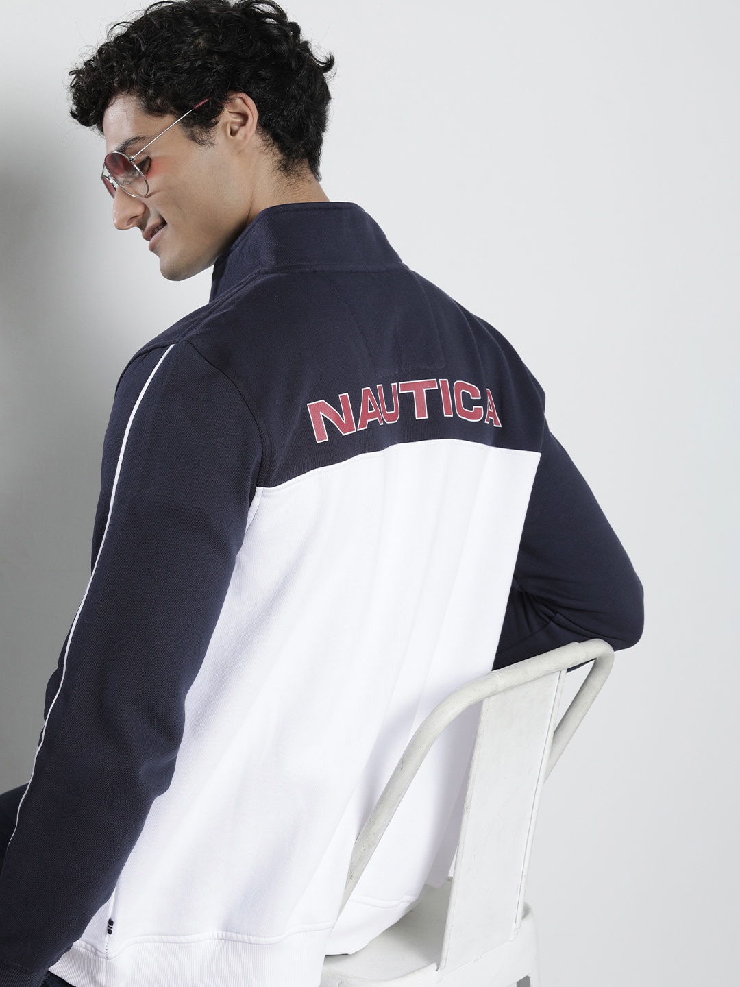 

Nautica Men Mock Collar Brand Logo Printed Colourblocked Sweatshirt, Navy blue