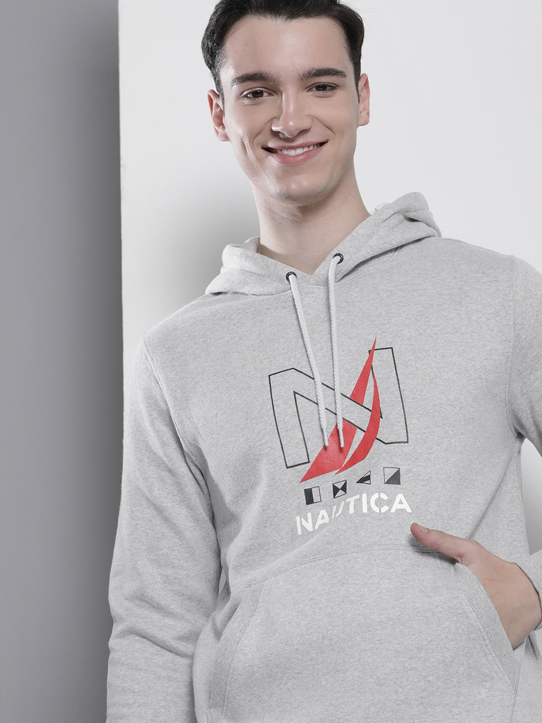

Nautica Men Printed Hooded Sweatshirt, Grey melange