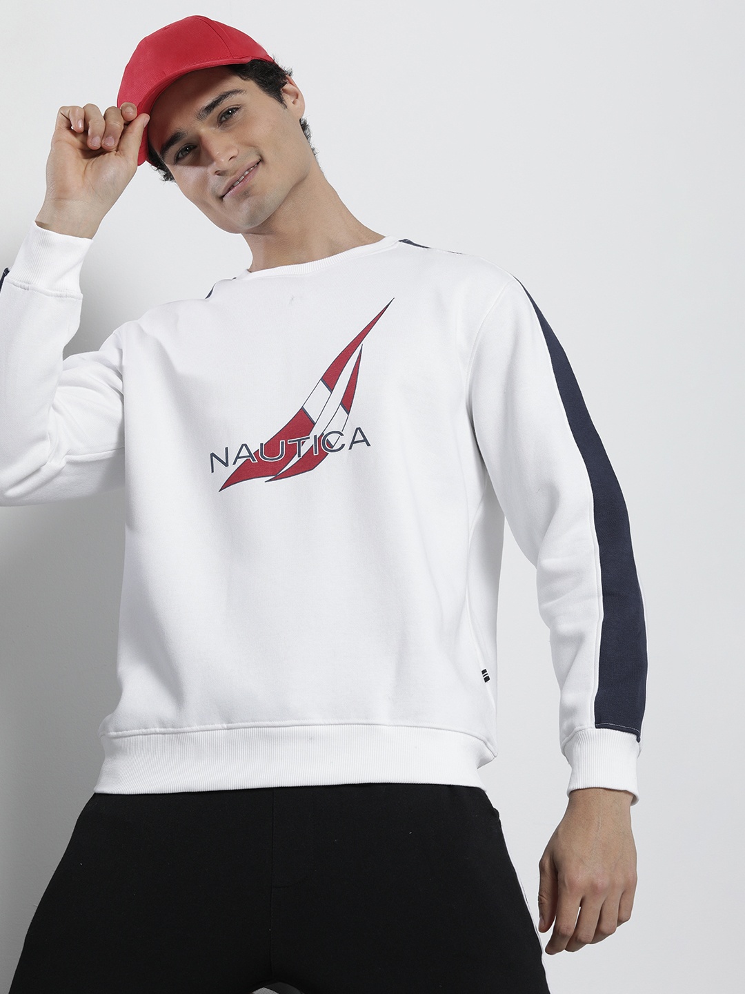 

Nautica Men Brand Logo Printed Round Neck Sweatshirt, White