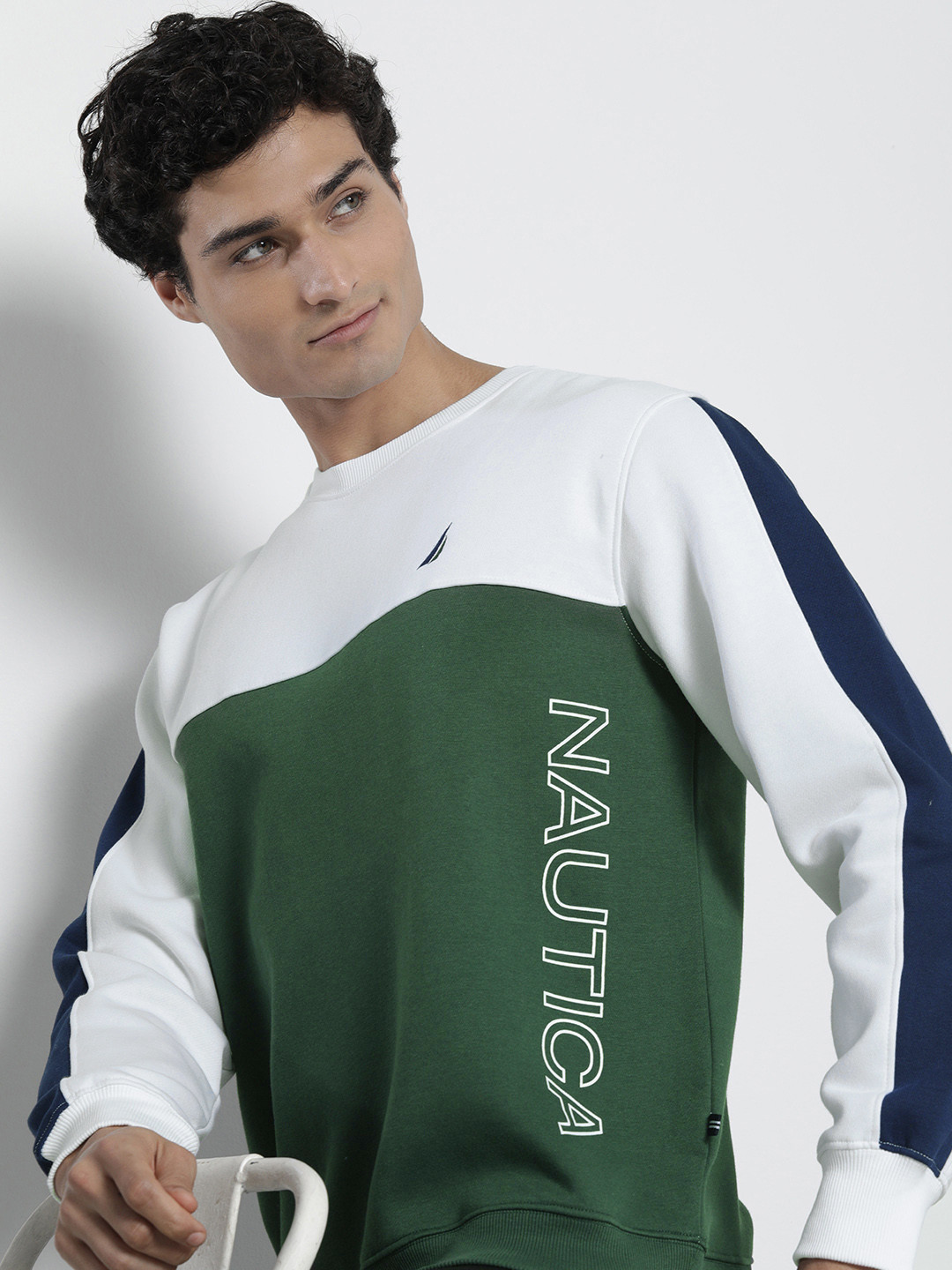 

Nautica Men Colourblocked Round Neck Long Sleeves Pullover Sweatshirt, Olive