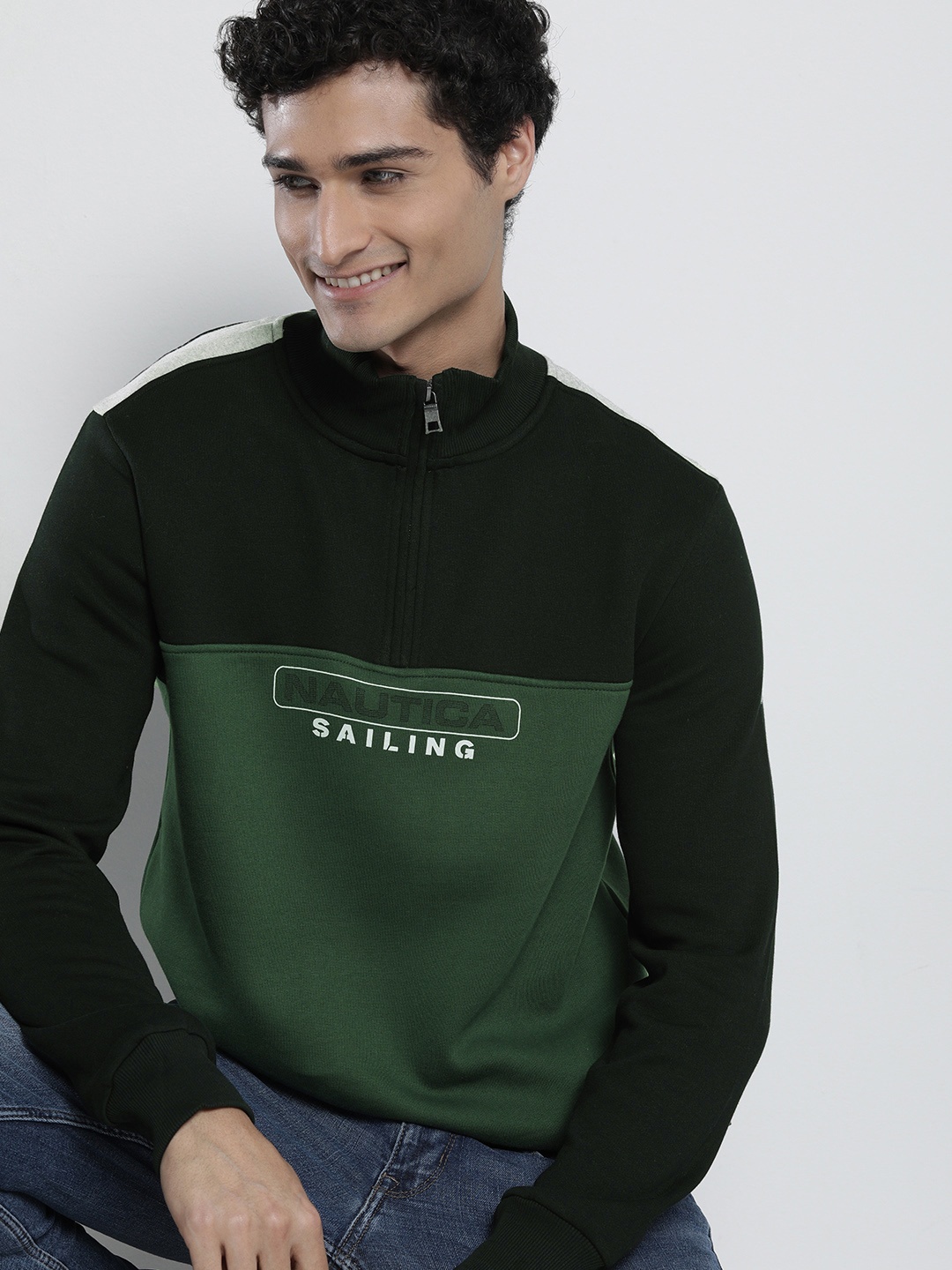 

Nautica Men Colourblocked Mock Neck Pullover Sweatshirt, Olive