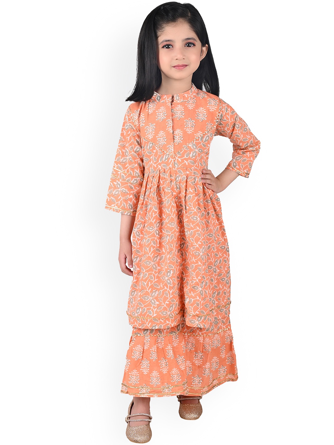 

ahhaaaa Girls Orange Printed Pleated Gotta Patti Pure Cotton Kurta with Sharara