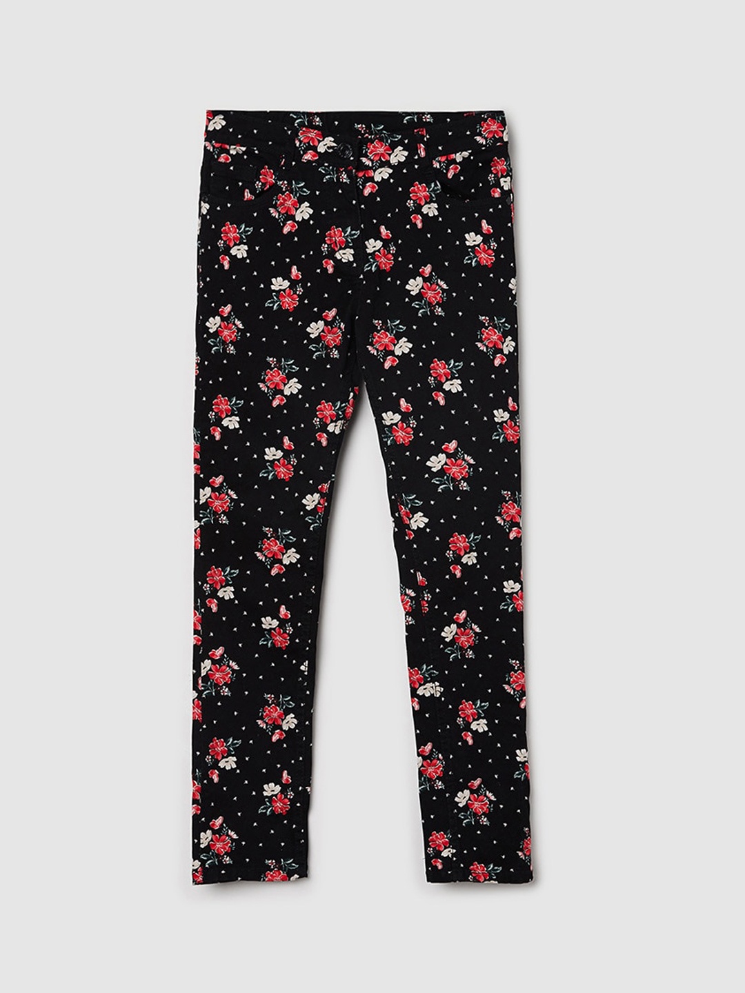 

max Girls Black Floral Printed Regular Fit Trousers