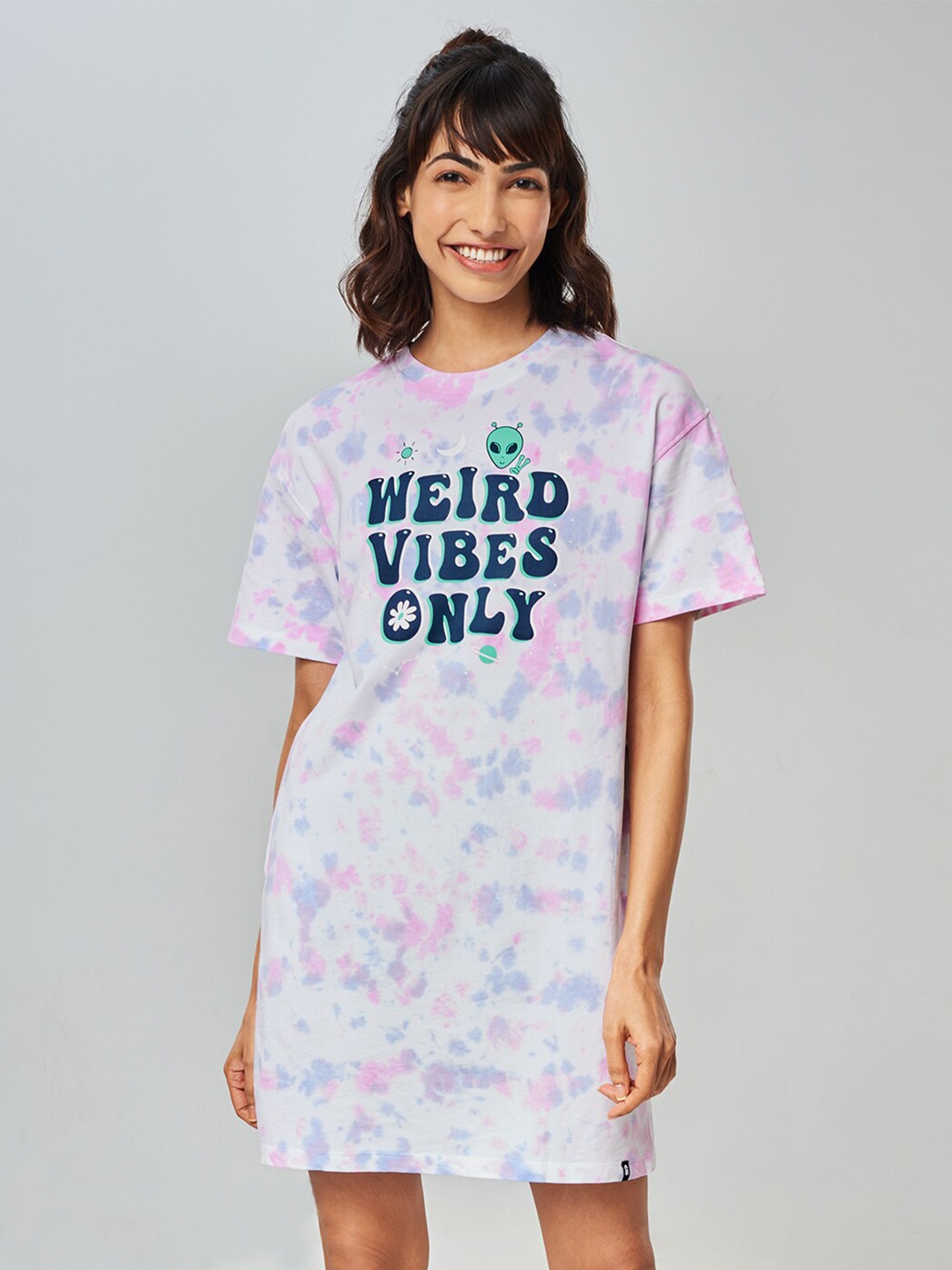 

The Souled Store Women White & Pink Tie & Dye Weird Vibes Only Oversized T-Shirt Dress, Multi