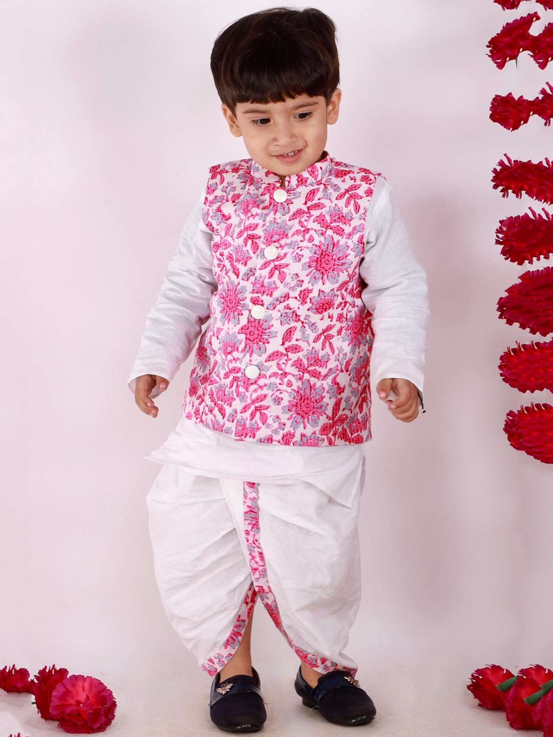 

Little Bansi Boys Pink Printed Angrakha Pure Cotton Kurti with Dhoti Pants