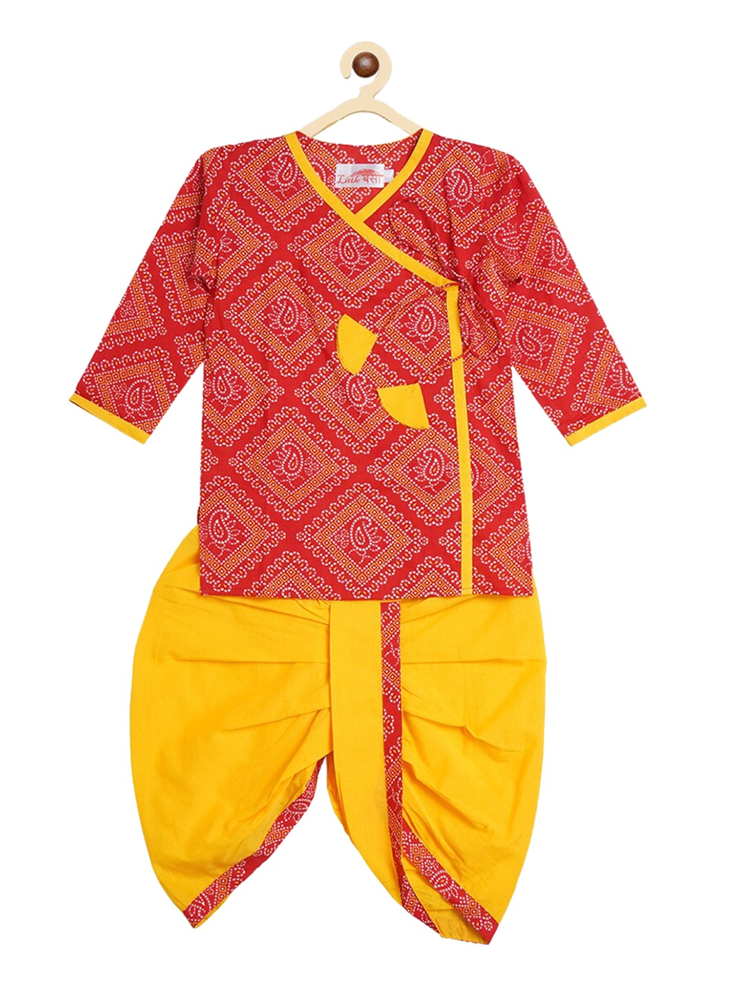 

Little Bansi Boys Red Ethnic Motifs Printed Angrakha Pure Silk Kurta with Dhoti Pants