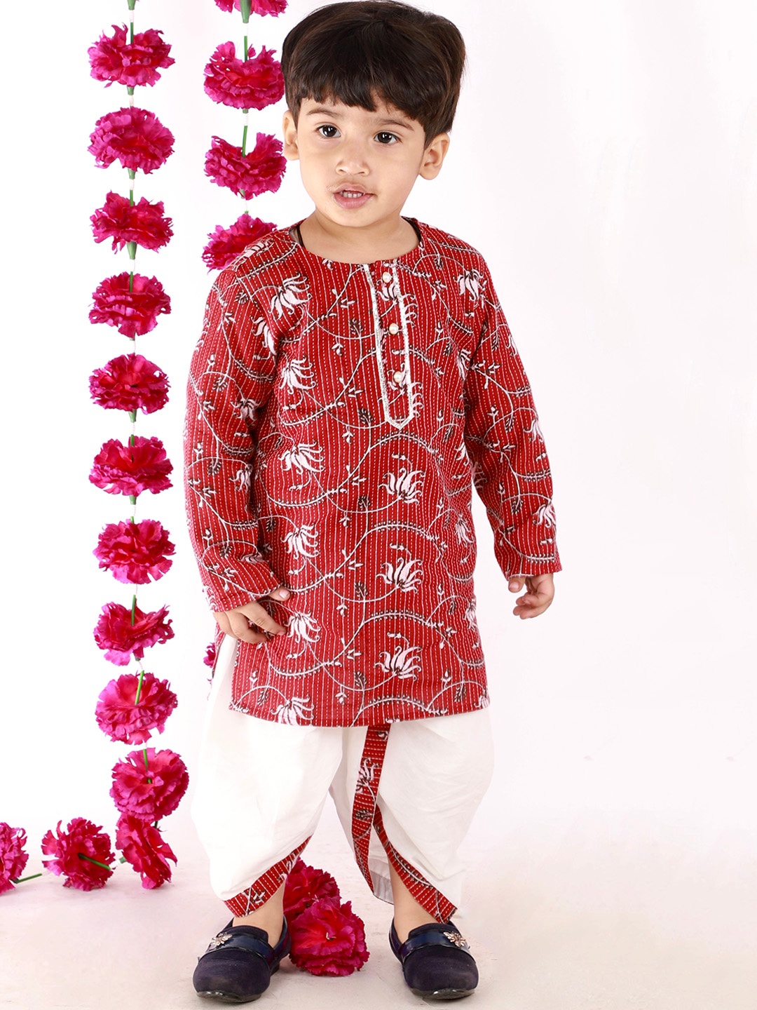 

Little Bansi Boys Brown Floral Printed Pure Cotton Kurti with Dhoti Pants