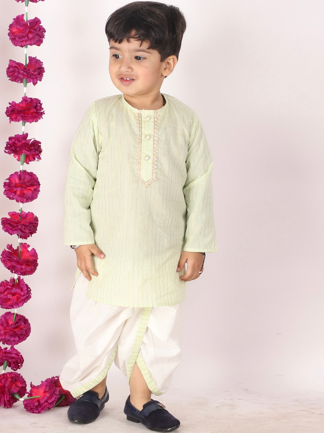 

Little Bansi Boys Green Embroidered Pure Cotton Kurta with Salwar & With Dupatta