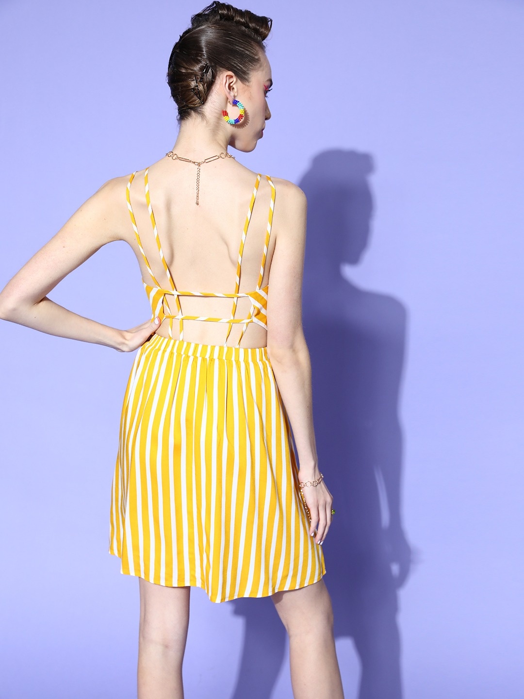 

Berrylush Women Yellow & White Summer Striped Above Kne-Length A-Line Dress