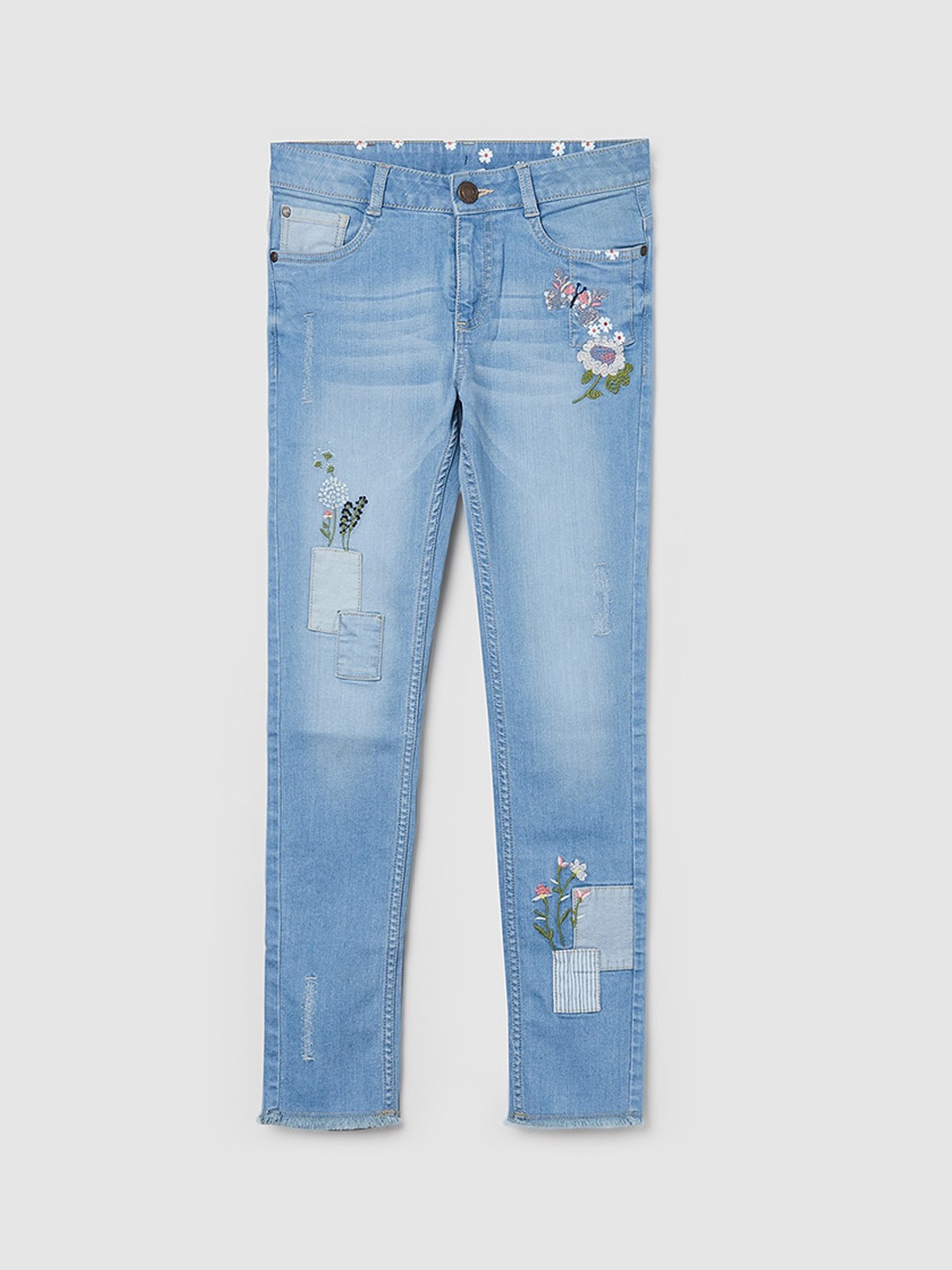 

max Girls Blue Mildly Distressed Light Fade Embroidered Jeans