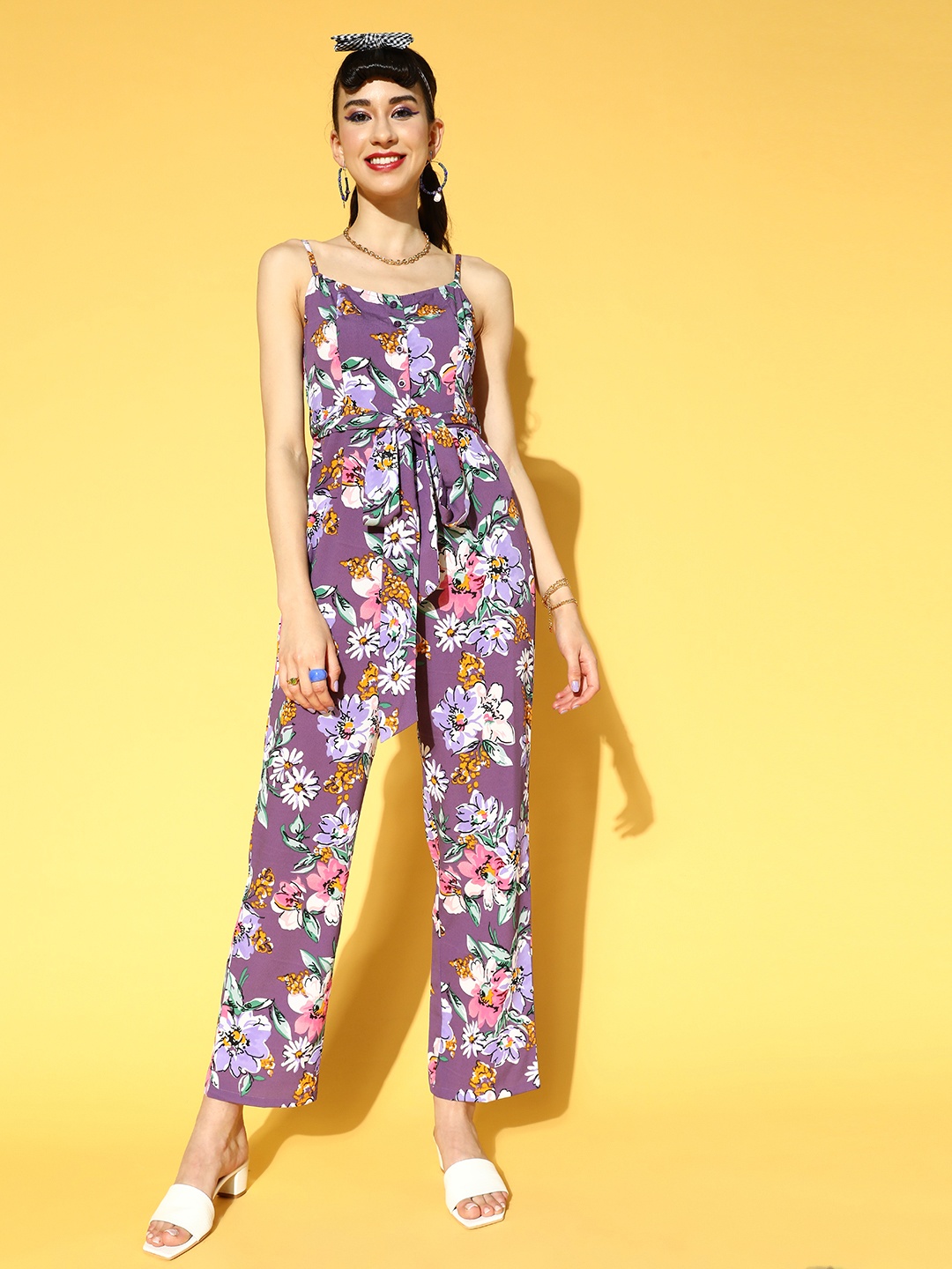 

Berrylush Women Purple & Pink Floral Print Basic Jumpsuit