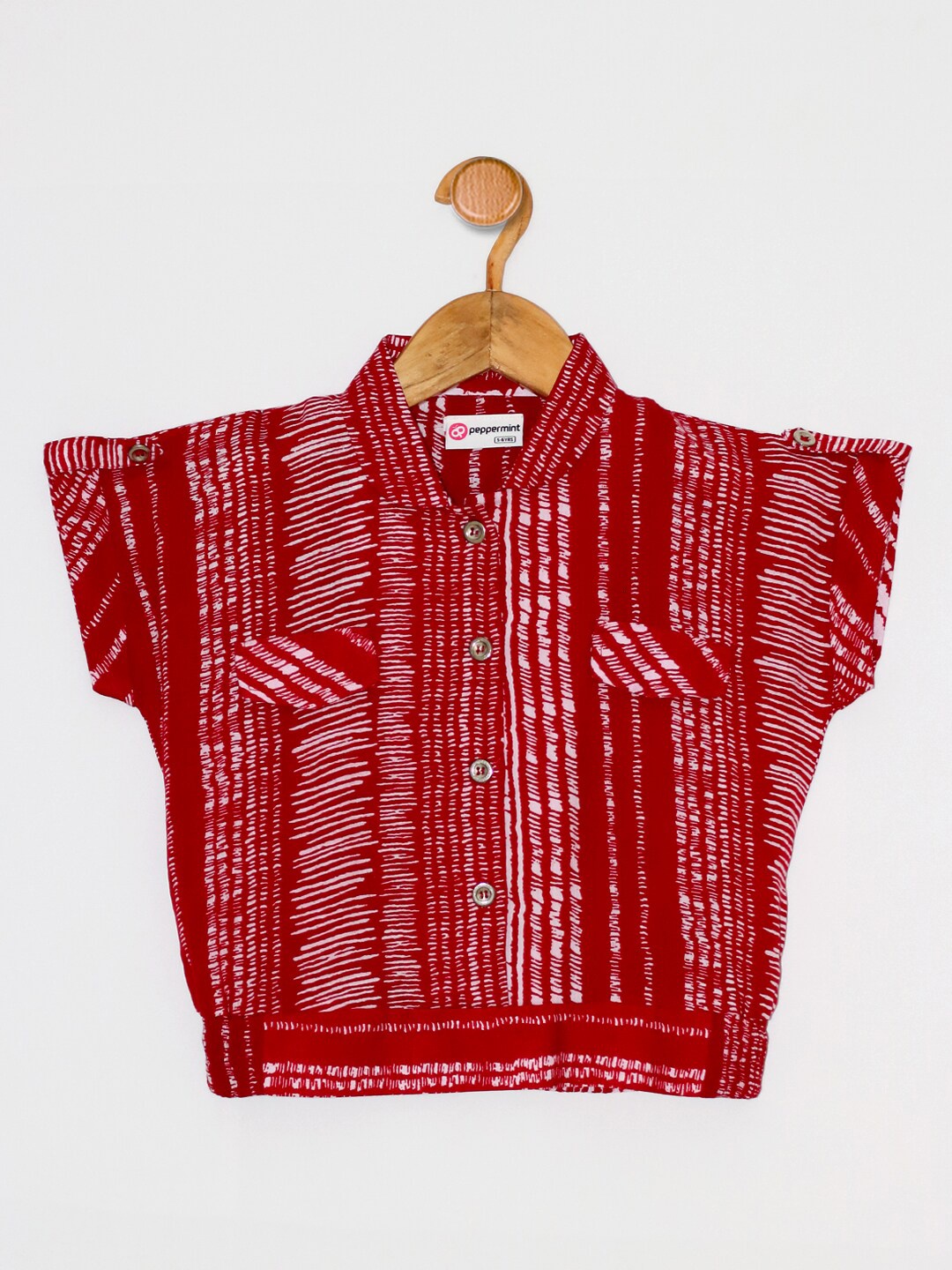 

Peppermint Girls Red Print Mandarin Collar Extended Sleeves Top