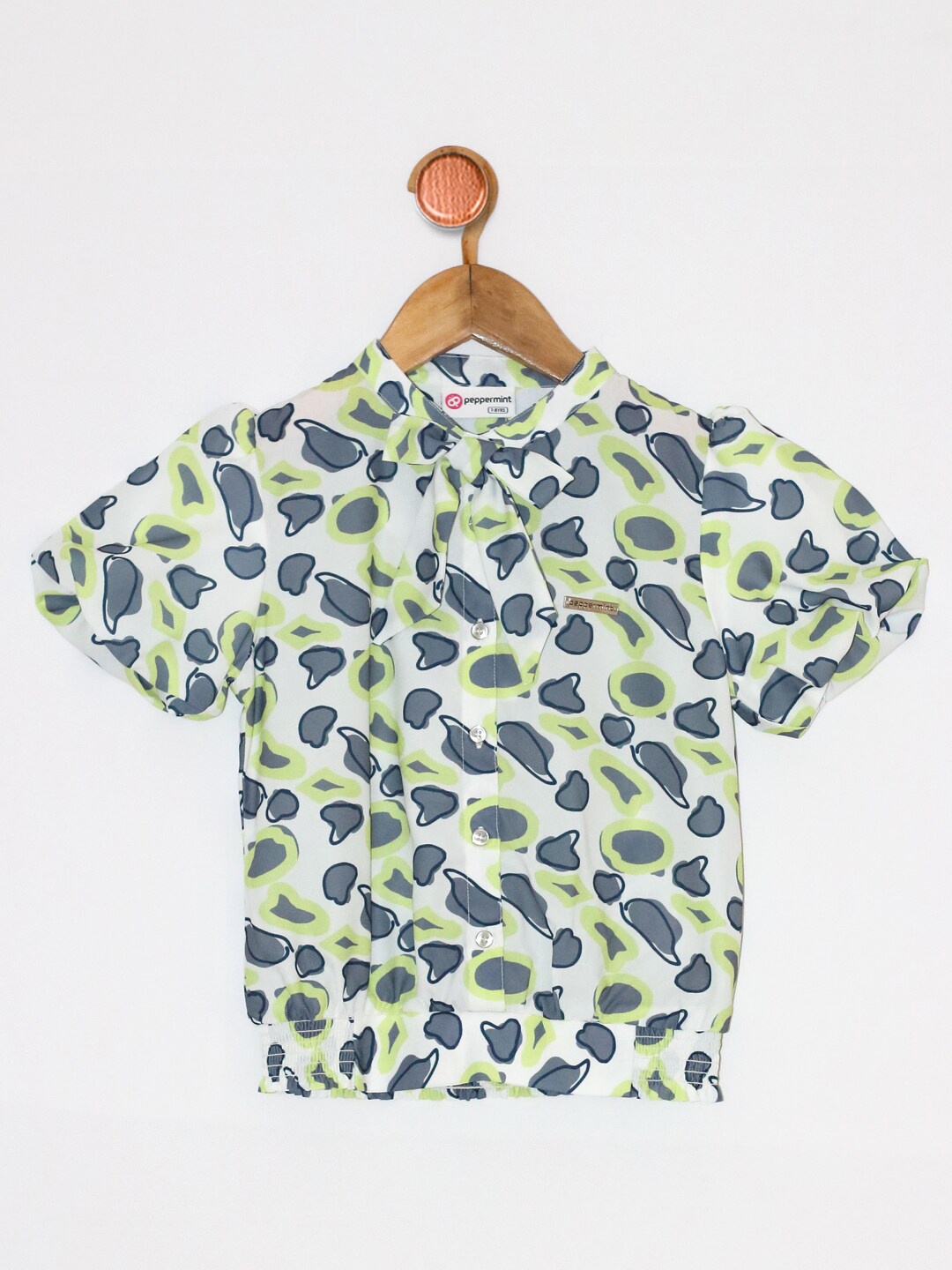 

Peppermint Girls White & Green Print Tie-Up Neck Shirt Style Top